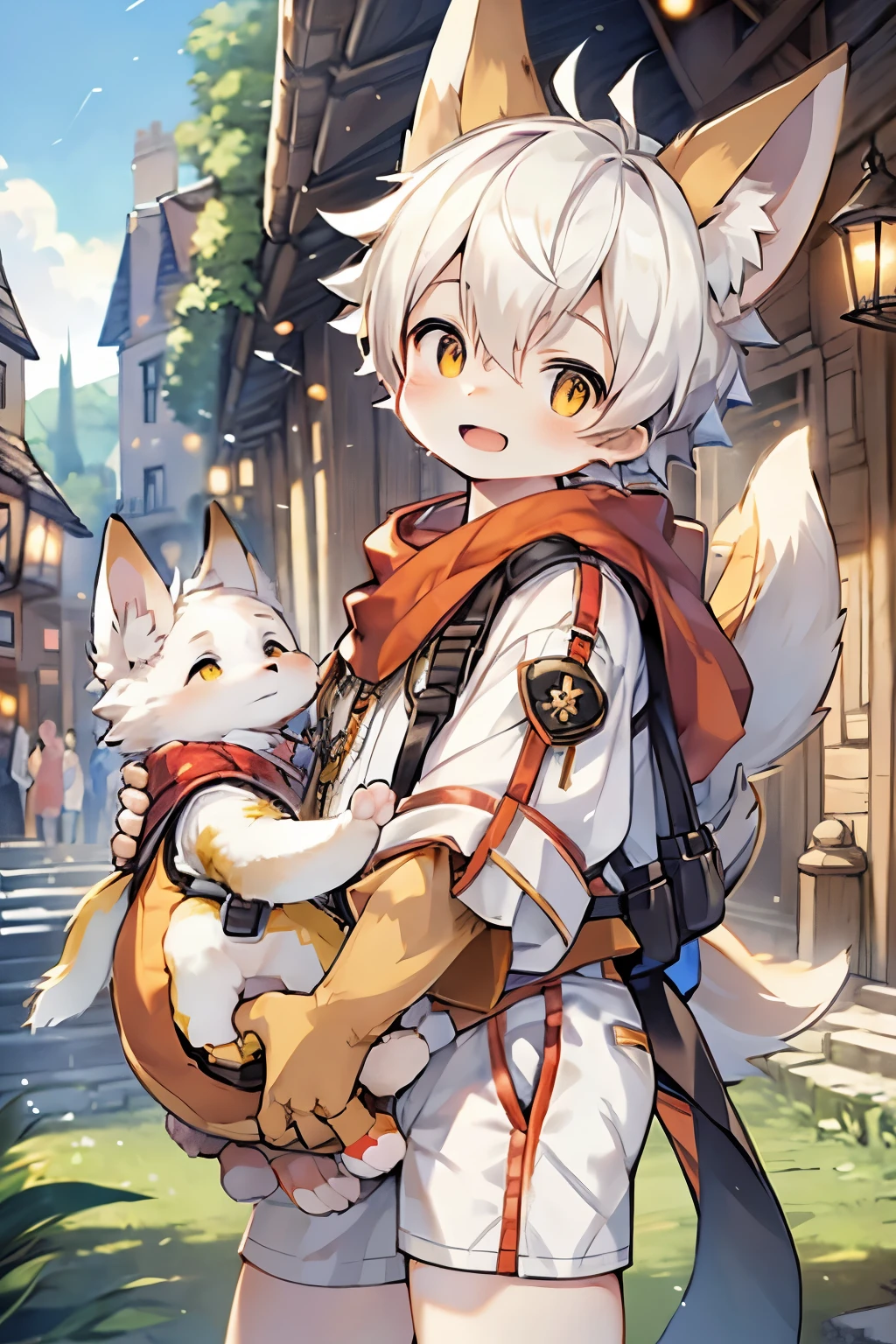 Fox Boy,Furry boys,Infant and child characteristics,White hair,Yellow skin,White Arm,Brave Suit,shorts,Medieval town background