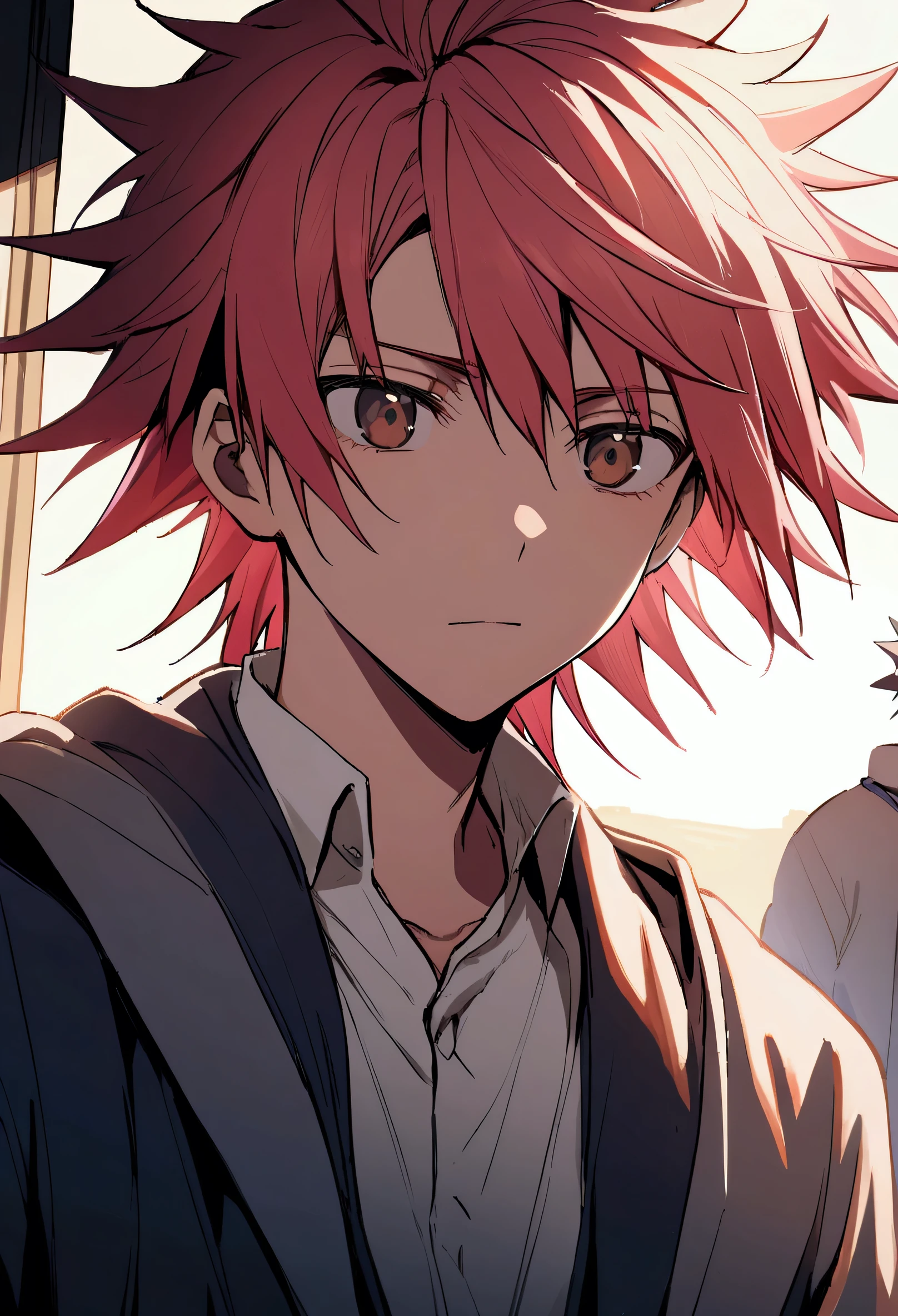 teenage boy, spiky hair, medium length hair, light red hair, Brown eyes, white shirt, school blue jacket, normal face
