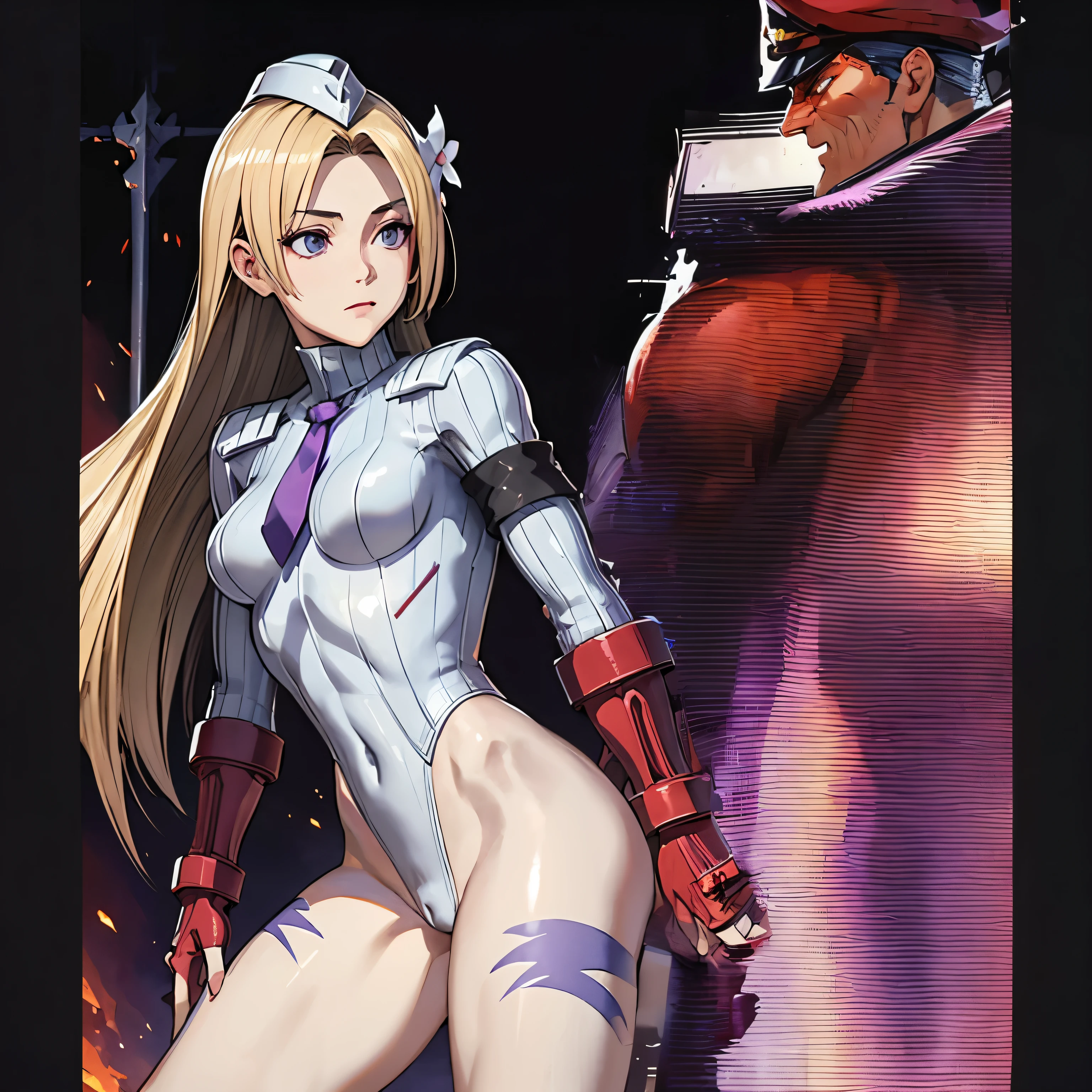 bison, red outfit and military, cap, cape, purple magic, beautiful eyes, high detail skin, high detail eyes, high detail hair, highres, ultra detailed, ,sharpen picture, Highly detailed, masterpiece, best quality, upper cut,