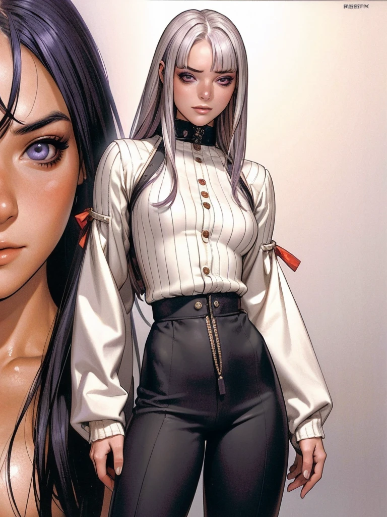 (best qualityer))), (((manga strokes))), (((long white hair with straight bangs and violet highlights))), (((wide pants with 2 side stripes))), uma Kizi jovem muito bem vestida com roupas modernas de inverno, top gift vertical stripes, short jacket with dark fur collar, beautiful and expressive face, slightly-smile, big eyes with long black eyelashes, heavy make-up, chains and zippers spread across clothes, contrasting colours, pose de atitude, hair with a modern and futuristic cut, urban game poster art, dramatic camera angles, graffiti art elements in the background, design mixing contemporary and retro by Shepard Fairey, (((cowboy shot))), (((best qualityer: 1.4))), (Unbeatable masterpiece), (hiper HD),(CG 8k hyper-realistic), Kizi, (((standing alone))), pirralha violent, ((())), sexly, pose de atitude, work of art, post-apocalypse, (((manga style))), bounty hunter, violent, Manic, the way you want, slenderbody, thin but strong, perfectbody, roupa moderna, advanced technology, neon, sleeves with vertical striped pattern, neutral background, (( cowboy shot )). intricate visual