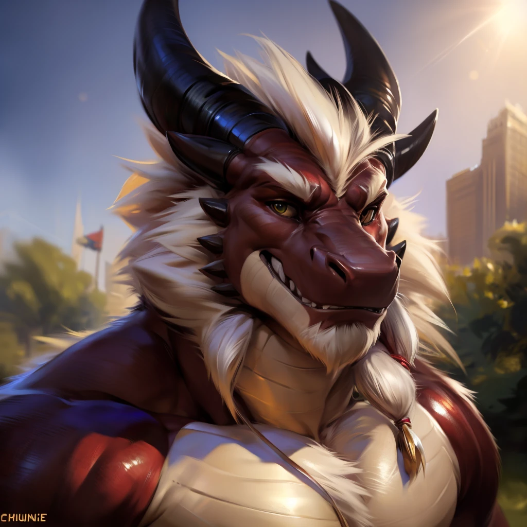 Dragon, Male, Solo, Avoiding eye contact with viewer, handsome face, hair, horn, detailed eyes, detailed face, Park background, Multi-colored body, correct face, Middle-aged, Sexy, Beefcake, Daddy, (Realistic Shadows, Depth of Field, Wide Field of View, Lens Flare, Head Shot), (by Darkgem, by Chunie, by null-ghost),