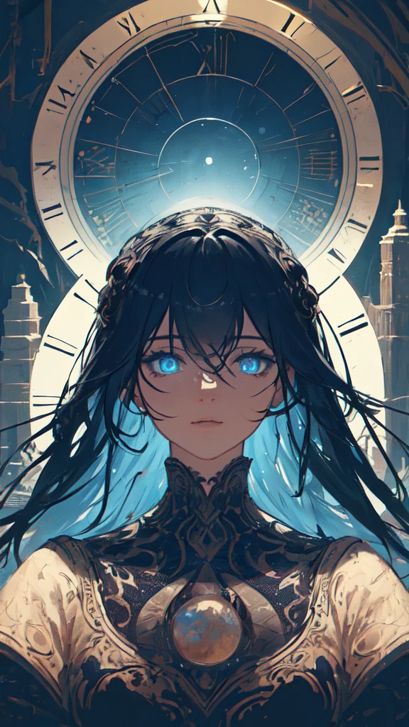(masterpiece, Highest quality, Very detailed, Best Shadow), (Detailed Background,Dark fantasy), (Beautifully detailed landscapes), High Contrast, (Best lighting, Very delicate and beautiful), ((Cinematic Light)), colorful, Hyper Detail, Dramatic Light, Intricate details, Dynamic Angle), Black light swirling around, Depth of written boundary,black light particles,(Broken glass),magic circle,water,huge clocks,NULL,the sun and the moon,Landscape only,There are no people,Watch Center,A clock sinking in water,Blue glowing light,Huge tower and city,Landscape,Blue glowing light,Covered in blood,Insanity