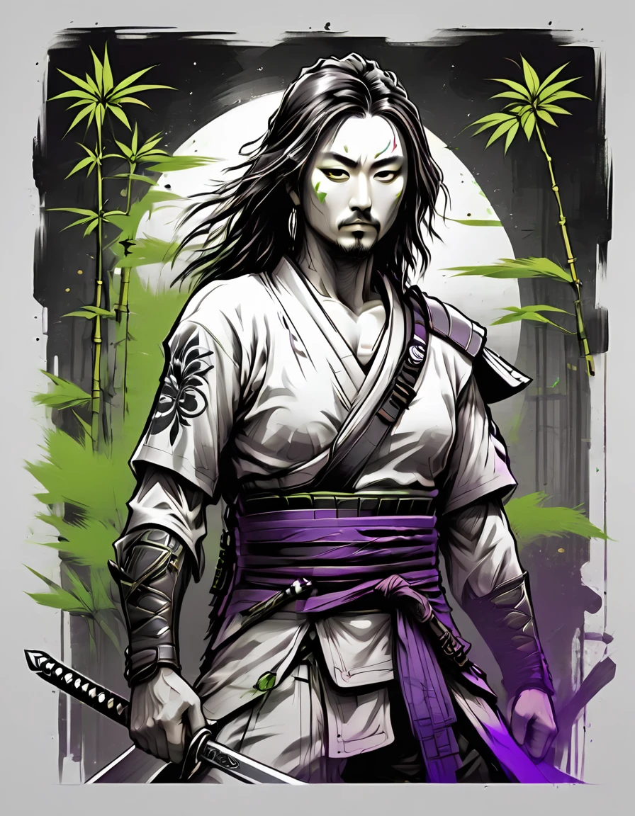 creative logo illustration black and white drawing of a long hair samurai holding a sword surrounded by green bamboo and purple ravens, combined the black and white drawing with the vibrant digital colors by dan mumford, jean pierre mong, alex janvier, frank frazetta, sketch, bold outlines, high definition, intricat details, vibrant colors, negative space, tshirts design