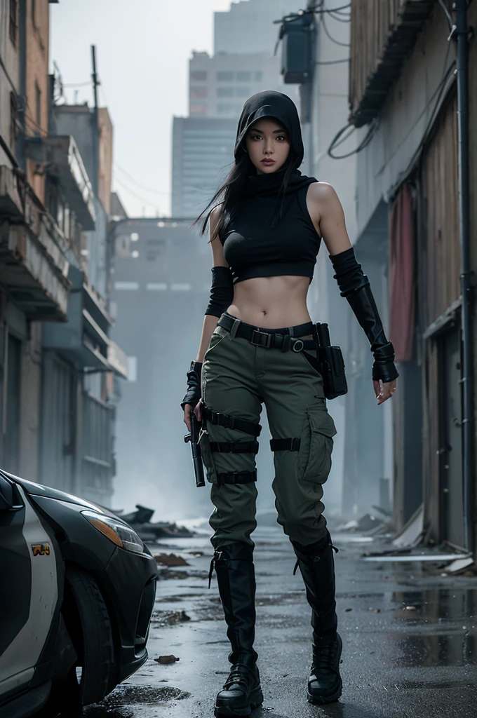 Create a digital artwork of a young beautiful woman in a post-apocalyptic urban setting. She has long, black hair and striking green eyes. Her skin tone is pale white. She wears a modern, tactical outfit with a black hood over her head, a black top, and cargo pants. She is equipped with multiple weapons, including a katana strapped to her back. Her attire includes practical boots, and she has a rugged, adventurous look. The background shows a desolate city street with debris and abandoned buildings, enhancing the dystopian atmosphere. Her expression is determined, hinting at her readiness to face any challenges in this harsh, new world. Make it realistic in 8k quality