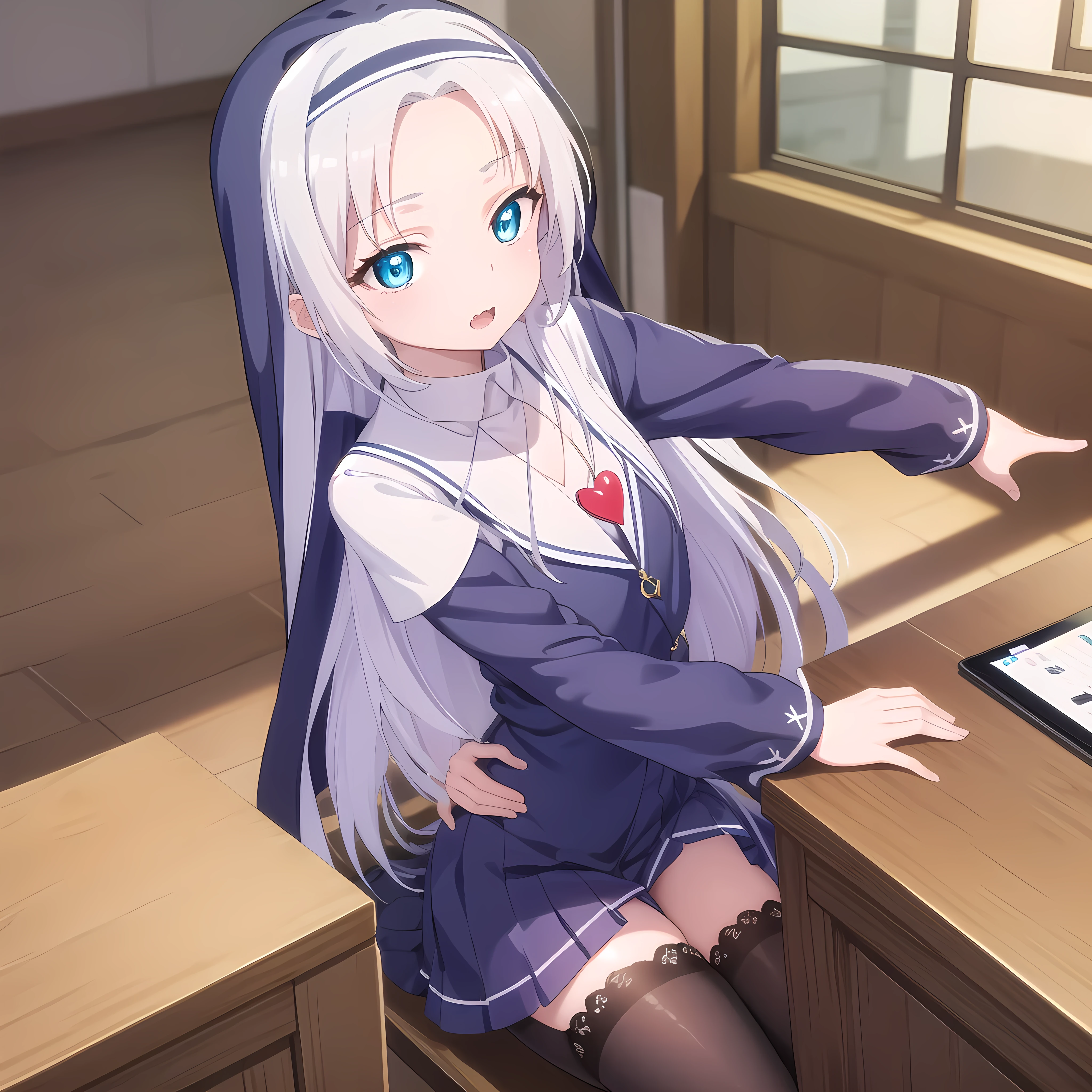 mariatakayama, maria takayama, long hair, blue eyes, fang, aqua eyes,
BREAK jewelry, heart, necklace, nun, habit, white short skirt, mid thigh stockings
BREAK indoors, classroom, seated on desk
BREAK (masterpiece:1.2), best quality, high resolution, unity 8k wallpaper, (illustration:0.8), (beautiful detailed eyes:1.6), extremely detailed face, perfect lighting, extremely detailed CG, (perfect hands, perfect anatomy),