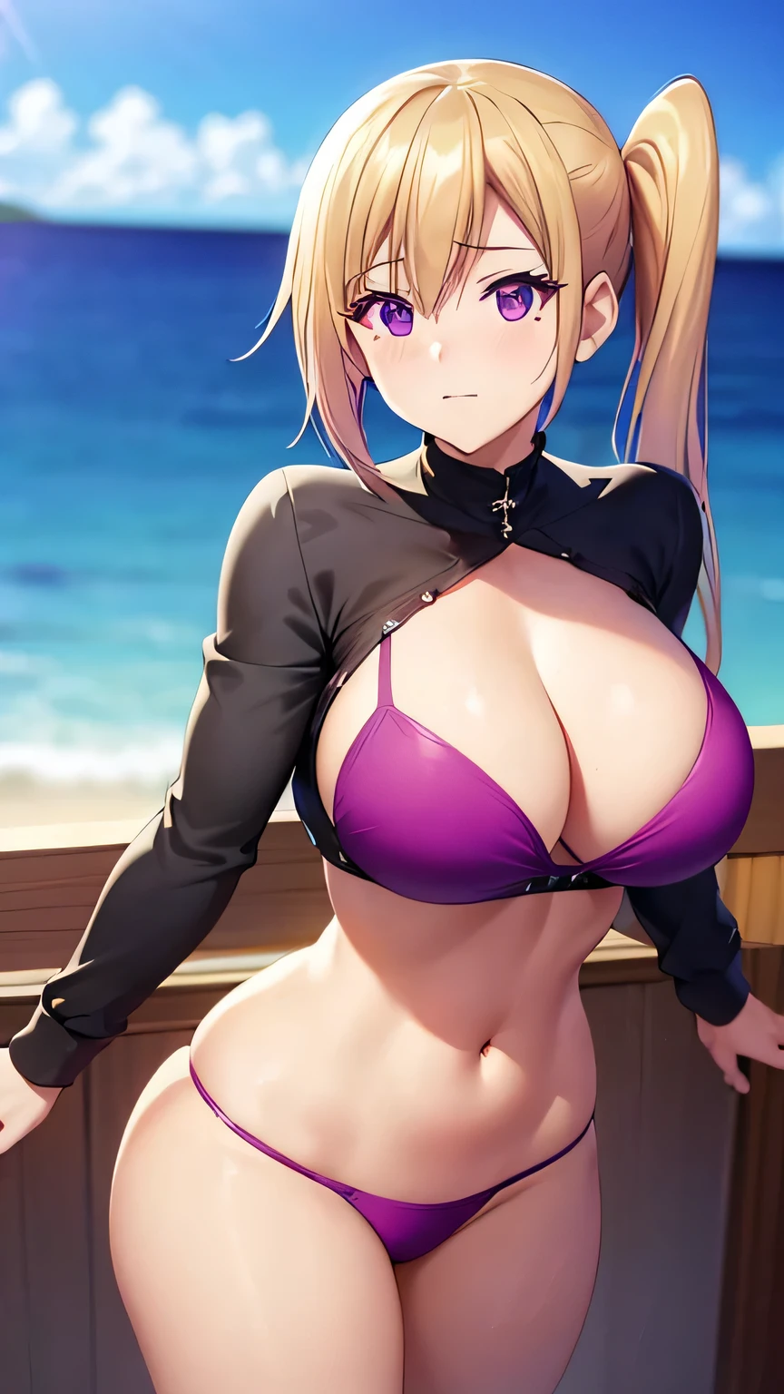 Perfect composition,masterpiece, (Highest quality), Adult women, bionde, Hair length, Side Ponytail, Purple eyes,sweater, skirt,Huge Cleavage,Sexy woman, Embarrassing,blush, Bright colors,,Natural soft light,RTTX 10.0, (Detailed face:1.2), Showcase, (Perfect Eyes:1.1) ,(Photorealistic:1.1), 8k Ultra HD, Look at the viewers, Seaside, beach, Simple Background,(Cleavage:1.4),Tremendously large bust,Huge bust,(throw,Close-up shot:1.2),From the top of the head to the waist,