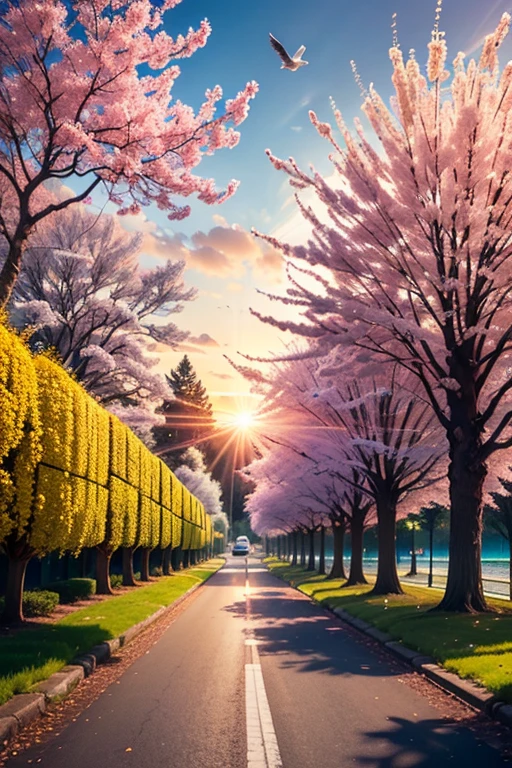 (Best Quality,8k,High resolution,masterpiece:1.2),ultra detailed,Sunset,the avenue lined with jacaranda in red bloom, the day, The beautiful yellow rapeseed flowers on the shore., The current, the breeze, The birds fly,