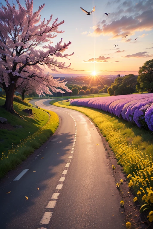 (Best Quality,8k,High resolution,masterpiece:1.2),ultra detailed,Sunset,the avenue lined with jacaranda in red bloom, the day, The beautiful yellow rapeseed flowers on the shore., The current, the breeze, The birds fly,