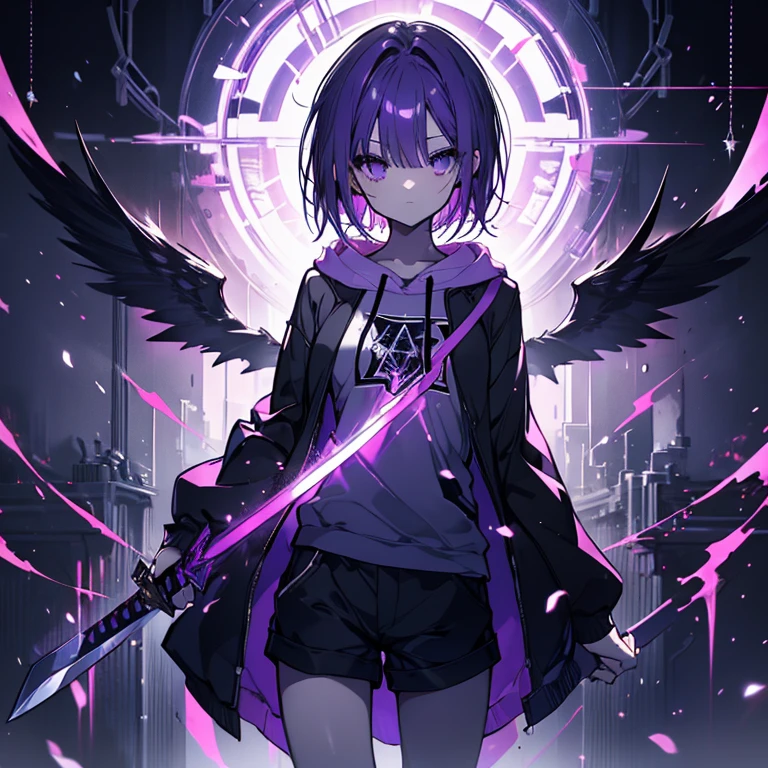 1 girl、Mature、Ample breasts、short hair、Center Part、Purple Hair、boyish、Handsome、Black clothes、hoodie、Shoulder Bare、exorcist、Shorts、magic circle、sword、fallen Angel、basement、Dimly lit room、High resolution、Highest quality