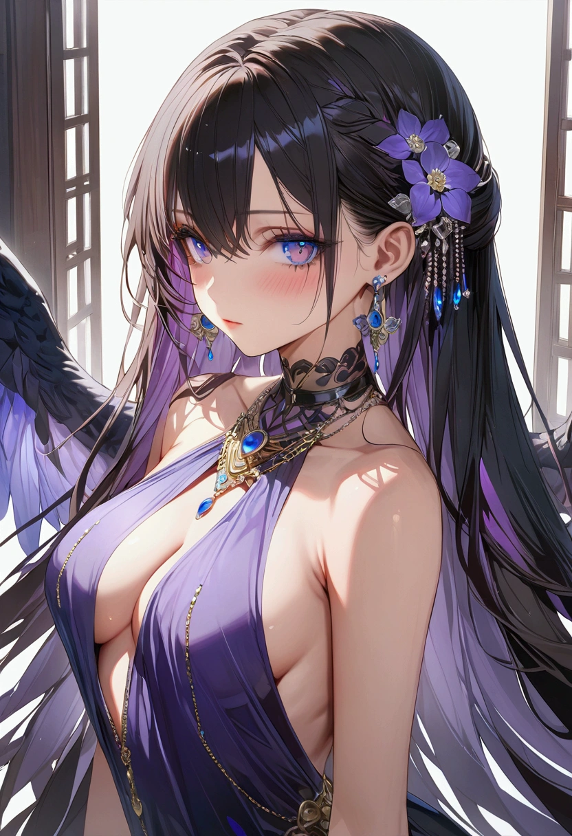 A woman with long dark hair ,purple and blue gradient eyes ,perfect body, detailed body and detailed eyes, masterpiece, best quality,aesthetic, ultra-detailed, 8k