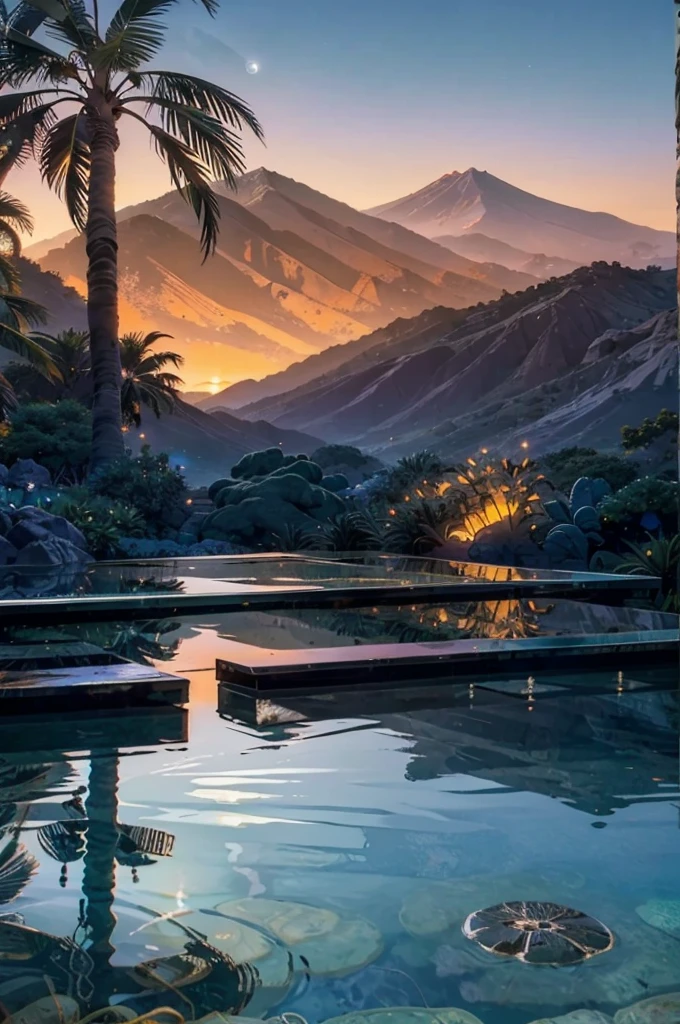 small and beautiful modern house in top of big boulders, terraces, pool, stairs, multiple cacti gardens, palms, trees, rocks, beautiful landscape design, mountains and volcano y background, amazing clouds, sun, moon, planets, milky way galaxy, concrete, wood, glass and steel materials, olive green, violet, orange and withe colors in facade