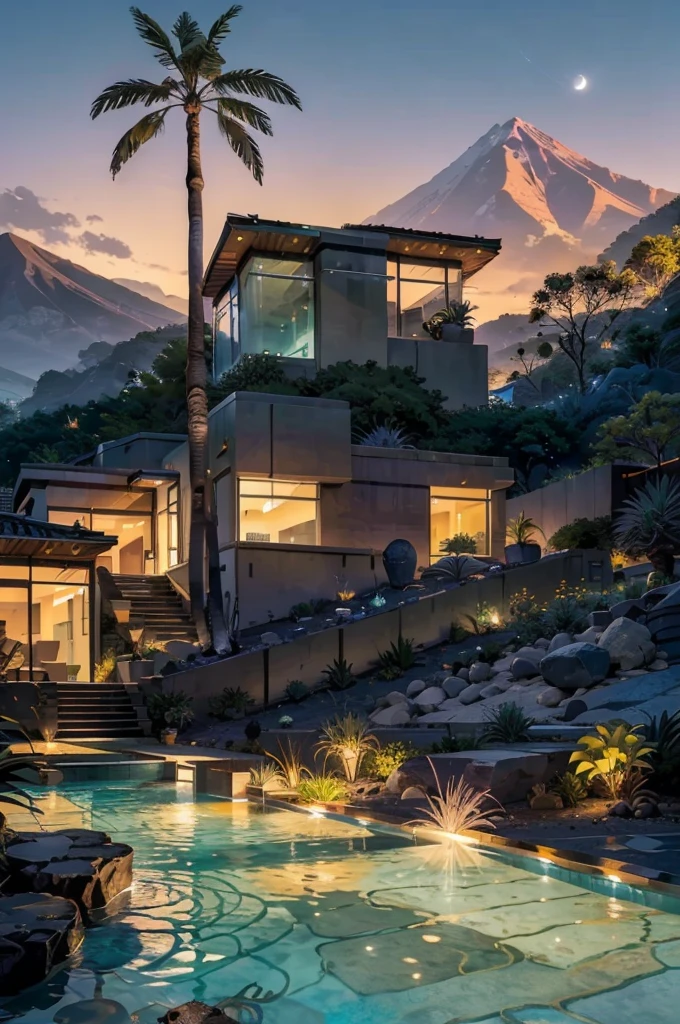 small and beautiful modern house in top of big boulders, terraces, pool, stairs, multiple cacti gardens, palms, trees, rocks, beautiful landscape design, mountains and volcano y background, amazing clouds, sun, moon, planets, milky way galaxy, concrete, wood, glass and steel materials, olive green, violet, orange and withe colors in facade