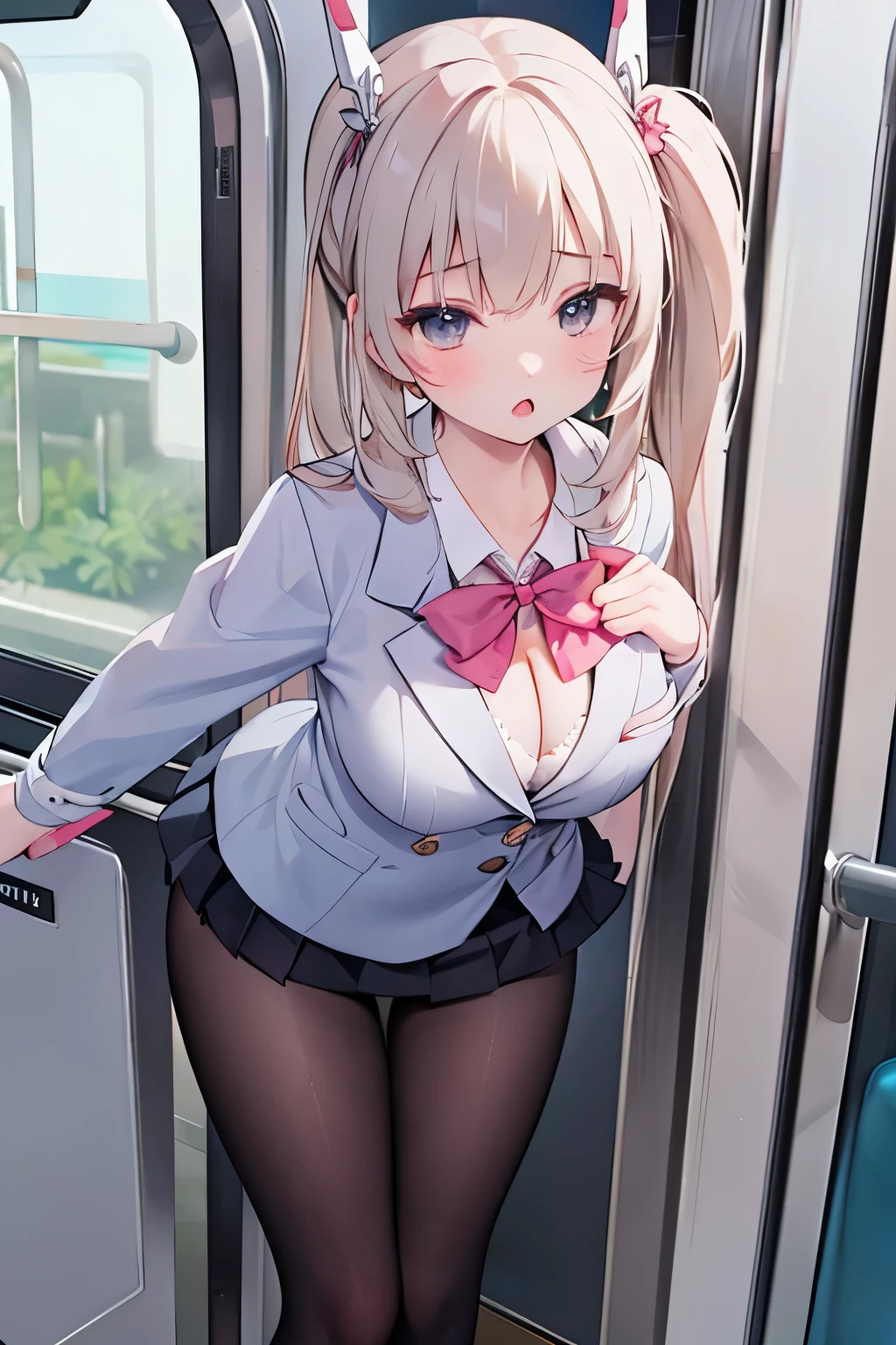 (8K、Highest quality、highest quality、masterpiece)、Detailed face、One girl、ONE boy、Ayanami、No corners 、long hair、、blunt bangs、Grey Eyes、、、((Blazer jacket))、((White shirt))、((Pleated skirt))、((No panties))、((bent over))、on the train、Standing in front of the train door、Sticks to the door glass、((Pressing her chest against the train window 1.6))Spread your legs、Very large breasts、Nipples are visible、、Black Pantyhose、Milk dripping from nipples、Milk spurting from the nipple、、Open your mouth、Troubled face、Close ~ eyes、Love juice、Full body portrait、Masturbation、Put the vibrator in the crotch、Black Loafers、dildo in pussy