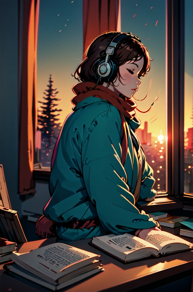 masterpiece, best illustration, ((anime)), 1girl, solo, headphones, brown hair, closed eyes, window, indoors, red scarf, sitting, tree, scarf, sweater, short hair, desk, sunset, book, from side, blurry