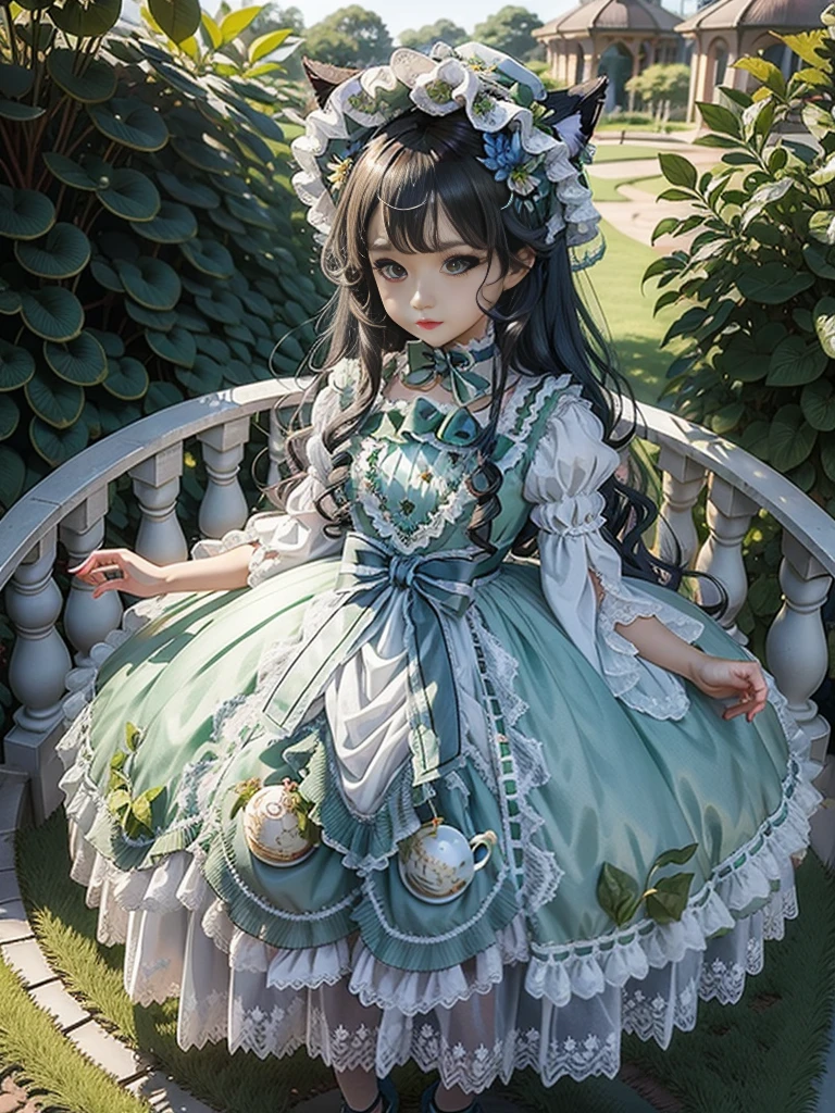 Cute Chibi Anime, A  catgirl standing in an empty teacup, Blue wavy hair, green eyes, :3, Royal Botanical Gardens