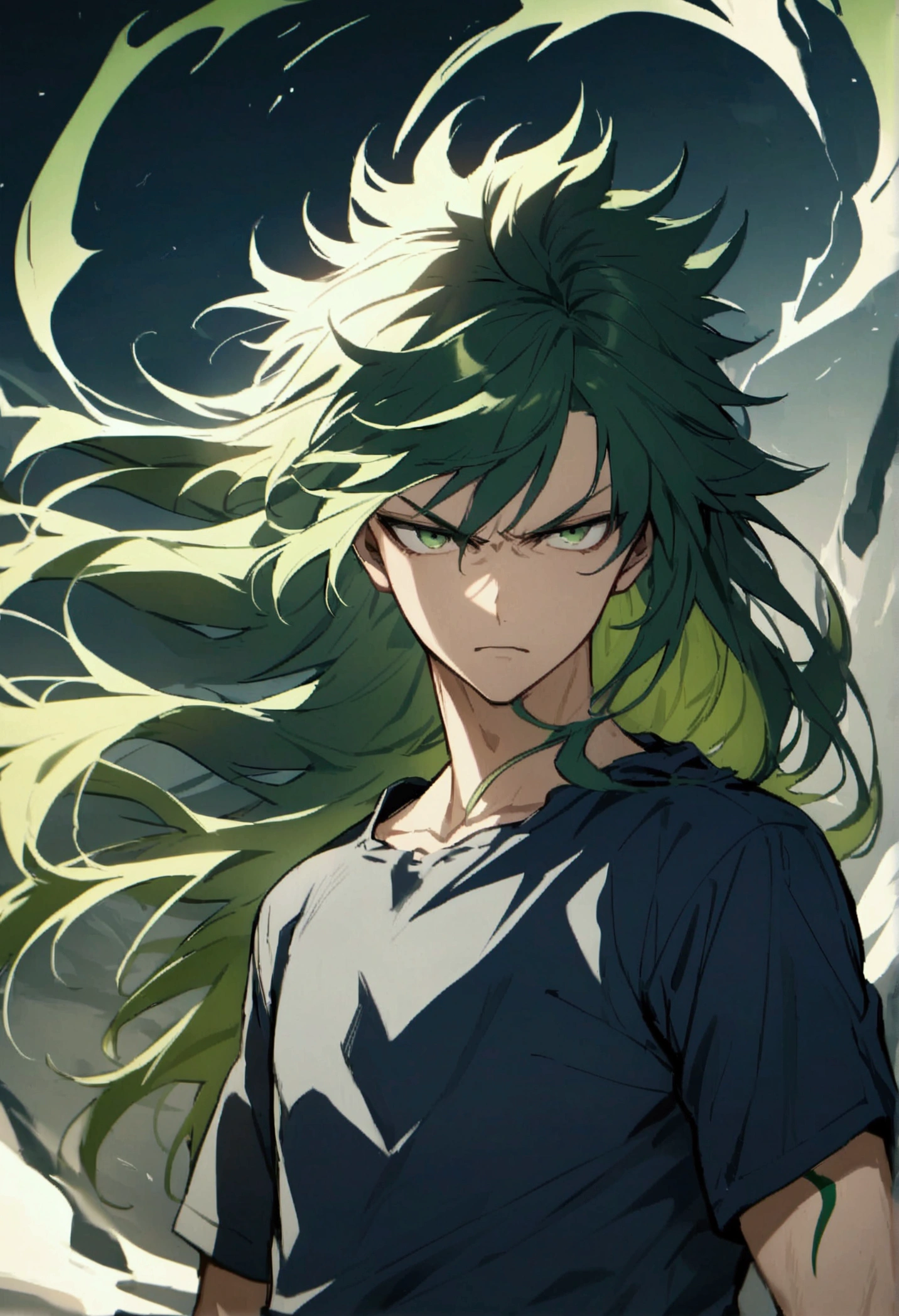 teenage boy, spiky hair, long hair, multicolored gray and green hair, green tattoos on the body, serious face, greeneyes, dark blue casual ripped shirt, wind aura around the character