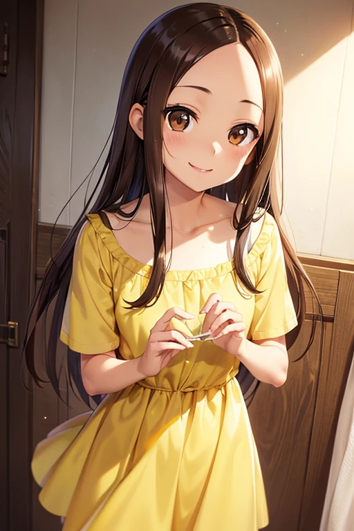 Takagi-san、Shiny brown hair, Long Hair,((Medium chest、Forehead、Center part))、 Beautiful brown eyes、smile、Sparkling eyes, (fine grain)、Very fine eye、Highly detailed face, Highly detailed eyes, Cowboy Shot、
Highest quality、Realistic、girl、Long Hair、Lemon Yellow Dress、Tanned dark skin、Sunburn、Brown black skin、Chubby body type、smile、Sweat、Ocean、Bust Shot