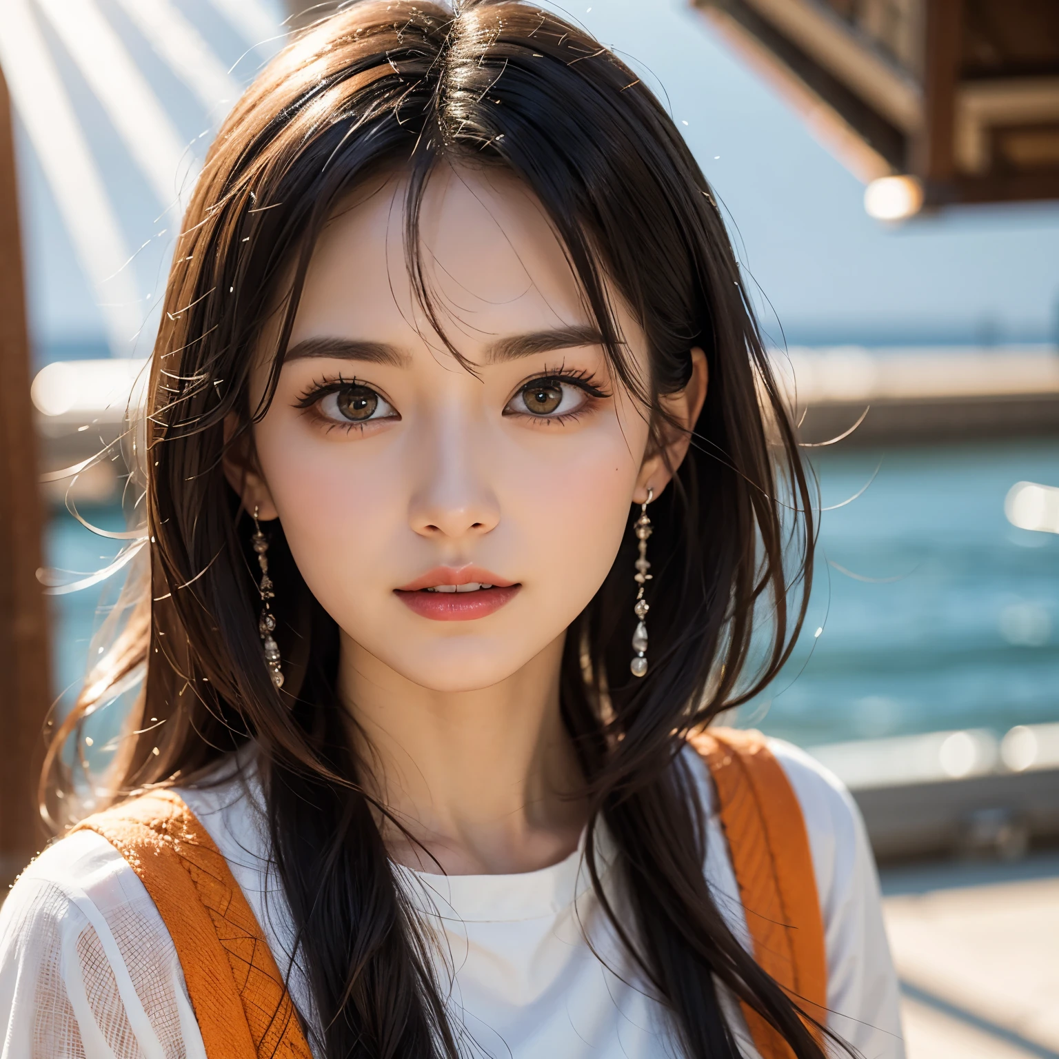 VolumetricLighting (Acutance:0.85), (Masterpiece of 8K UltraDetailed(ProfessionalPhoto:1.37)), Tiny KAWAII Girl Stroll the Sea wearing tube-top dress EveningBeach colorful sky (Orange rays illuminating face, close-up:1.4) (Kissing to Camera), Gust of wind . (((Extremely detailed NOGIZAKA face))), perfect anatomy, Childish, captivating gaze, Reflective Eyes with (sparkling highlights:1.28), long eyelashes、Glossy RED Lips with beautiful details, KissableTongue, RosyCheeks, ((Radiant FineSkin) with clear transparency) . { (Dynamic joyful expressions) | (:d) }, (Light Particle;1.25, God Rays), (no Large eyes).