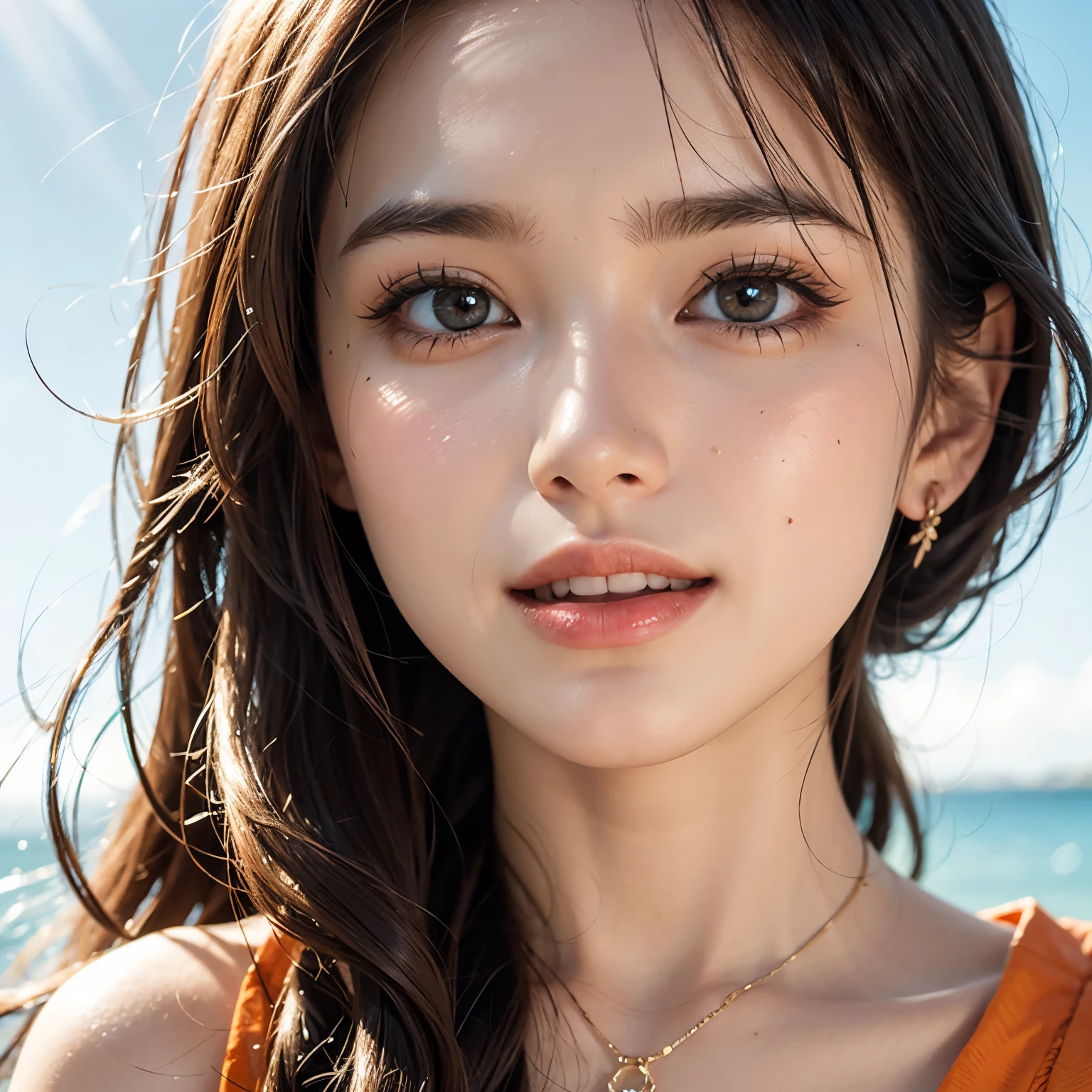 VolumetricLighting (Acutance:0.85), (Masterpiece of 8K UltraDetailed(ProfessionalPhoto:1.37)), Tiny KAWAII Girl Stroll the Sea wearing tube-top dress EveningBeach colorful sky (Orange rays illuminating face, close-up:1.4) (Kissing to Camera), Gust of wind . (((Extremely detailed NOGIZAKA face))), perfect anatomy, Childish, captivating gaze, Reflective Eyes with (sparkling highlights:1.28), long eyelashes、Glossy RED Lips with beautiful details, KissableTongue, RosyCheeks, ((Radiant FineSkin) with clear transparency) . { (Dynamic joyful expressions) | (:d) }, (Light Particle;1.25, God Rays), (no Large eyes).