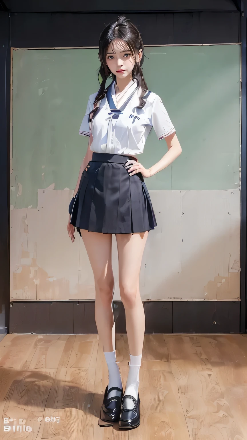 ((masterpiece)),(((最high quality))),(((Girl standing in a school classroom:1.7))),((Photographed from the back of the classroom, facing the blackboard:1.6)),(((Background of rows of desks:1.6))),(((((The background is a modern, clean and tidy classroom.:1.8)))))((((Photograph the whole body:1.8)))),((((((Stand up straight with your feet together:1.9)))))),((Thin thighs:1.6)),((Long legs:1.7)),(((Micro mini skirt uniform for high school girls:1.6))),((tall:1.8)),((Wearing Japanese summer school girl uniform:1.8)),((Slim Model body type:1.5)),((Thin legs:1.6)),((Wearing a white short-sleeved school shirt:1.3)),(Age is 16 years old:1.3),bangs,A small smile,((cute girl)),Slender girl,((Black Loafers:1.3)),((short white socks up to the ankles,:1.3)),cute,The thigh area below the groin is slim and firm,cute,(Black hair ponytail),Thin legs,Slim Model body type,Very small waist,Small hips,Long thighs,Thin thighs,Thin hands,Long hands,((((下からPhotograph the whole body:1.7)))),(((((k-popのIVEのWONYOUNGにそっくりの女の子:1.9))))),((Stretch your whole body straight:1.8)),((((Look only ahead:1.7)))),((tall:1.4)),(Stand with your legs straight and without bending your knees:1.7),((Stand up straight:1.9)),The ankles are super thin,beauty,Fine skin,Firm Skin,Realistically reproduced skin detail of thin legs,Very detailed, Attention to detail,high quality,Awards,High resolution,(Anatomically correct:1.3),(8k,RAW Photos,最high quality,masterpiece:1.5),(((Girl from belowPhotograph the whole body:1.7))),Height 173cm,((Stand up straight with your feet together:1.8)),((Stand up straight with your feet together:1.7)),(((Keep your back straight:1.8))),((I'looking forward to it:1.2)),9 heads,Model body type,((Inseam is half the height:1.5)),(Thin thighs),((k-popのIVEのWONYOUNGにそっくりの女の子:1.5)),RAW Photos,Firm Skin,Fine skin,toned muscular legs,Attention to detail,vivid,Skin Texture,Genuine skin feel,Perfect composition,beautiful,Very detailed,High chroma,Genuine,eyeliner,eye shadow,High nose,Small nostrils,Small Mouth,Seductive lips,,(((High school student shirt with red ribbon on the chest:1.3))),beautiful girl,beautiful girl