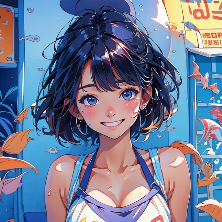 Under the blazing sun、Hot midsummer day。Girl sweating。smile。