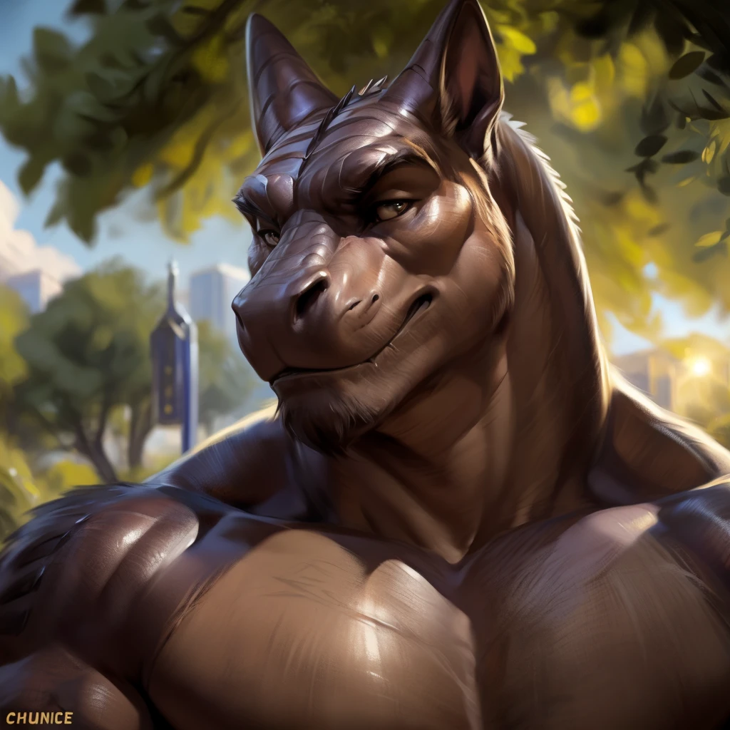 Tyrannosaurus, Male, Solo, Avoiding eye contact with viewer, handsome face, detailed eyes, detailed face, Park background, Multi-colored body, correct face, Middle-aged, Sexy, Beefcake, Daddy, Scales, Furless,  (Realistic Shadows, Depth of Field, Wide Field of View, Lens Flare, Head Shot), (by Darkgem, by Chunie, by null-ghost),