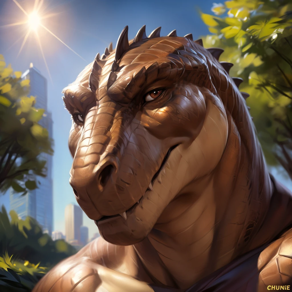 Tyrannosaurus, Male, Solo, Avoiding eye contact with viewer, handsome face, detailed eyes, detailed face, Park background, Multi-colored body, correct face, Middle-aged, Sexy, Beefcake, Daddy, Scales, Furless, (Realistic Shadows, Depth of Field, Wide Field of View, Lens Flare, Head Shot), (by Darkgem, by Chunie, by null-ghost),