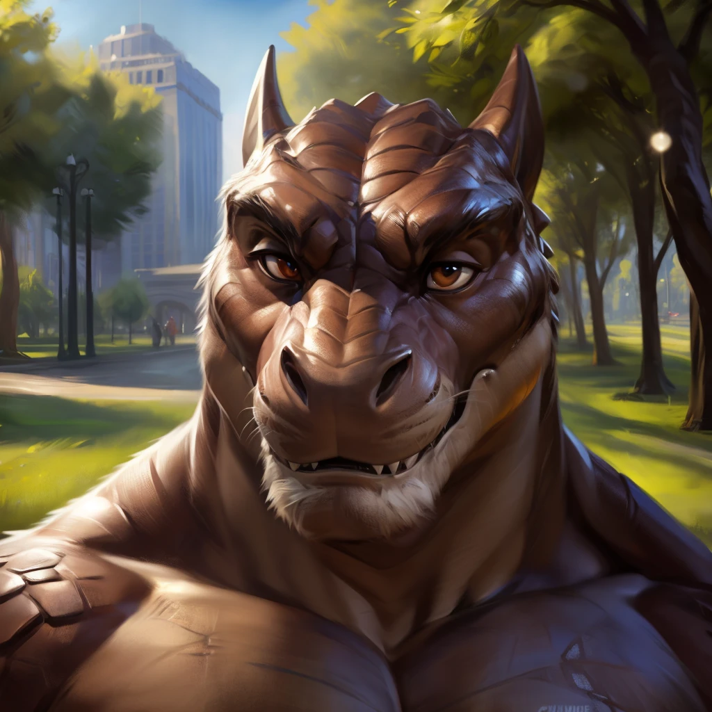 Tyrannosaurus, Male, Solo, Avoiding eye contact with viewer, handsome face, detailed eyes, detailed face, Park background, Multi-colored body, correct face, Middle-aged, Sexy, Beefcake, Daddy, Scales, Furless, (Realistic Shadows, Depth of Field, Wide Field of View, Lens Flare, Head Shot), (by Darkgem, by Chunie, by null-ghost),