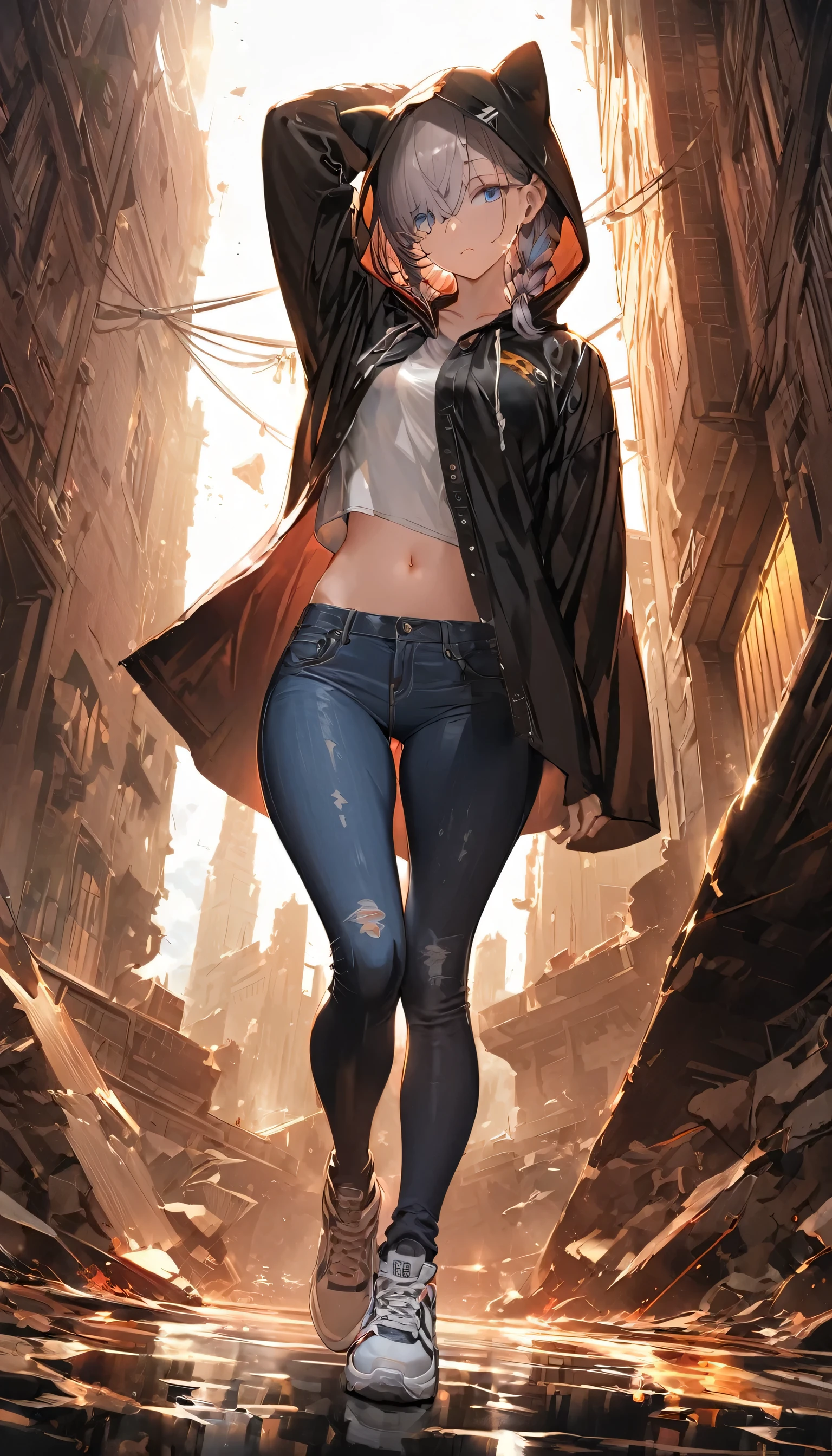 Top-quality,Masterpiece,Best quality,Ultra detailed,High resolution,8k,Super fine illustration,Detailed lighting,Detile background,Cowboy shot,Dutch angle,Denoise,
Cinematic,Dynamic angle,Full body,
Impasto,Prism style,Broken world,Broken glass effect,Broken glass background,
1girl,Solo,(15 years old:1.3),
Hood up,(Black raincoat:1.5),(White shirt:1.3),(Jeans:1.3),(Sneakers:1.3),
Blue eyes,(Gauze on face:1.3),
(Gray hair:1.3),(Medium hair),Braided pigtail,Sideburns,(Long sideburns:1.3),(Hair over one eye),
Flat breasts,Beautiful ass,Belly,Thick thighs,Wide hips,Skinny waist,Navel,Curvy,
Glass,Light blue theme,Backlight,Warm tones,Tranquil