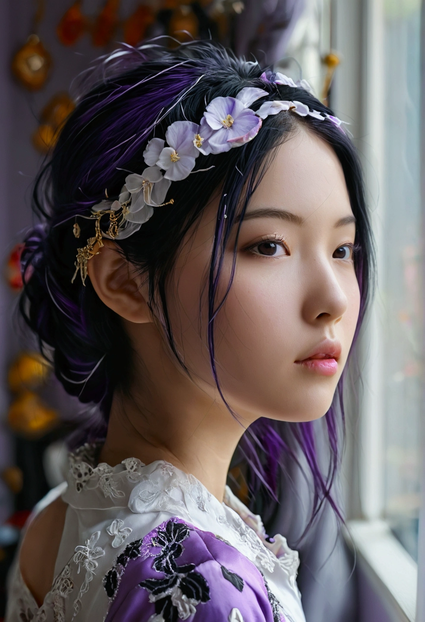 ultra realistic photo of emma, white asiatic, (purple and black hair), in her room, ((no blurry)), detailled backgground, high resolution, face detail