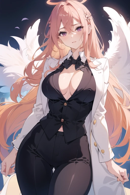 beautiful young woman, lithe physique, long messy peach colored hair, magenta eyes, halo, crown, white shirt, black tie, black jacket, black pants, suit and tie, small breasts, nipples poking through, nipples, large ass, thighs, highly detailed, 8k, photorealistic, dramatic lighting, cinematic, elegant, fashion portrait, angel, angelic, wings,
