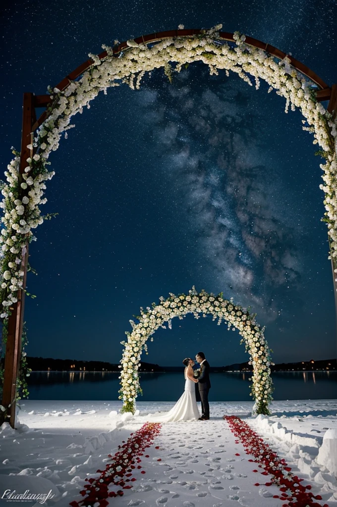 An To your weddingWedding altar with a arch of white flowers and red roses in the middle of an ice-covered lake and a path of flowers from the shore to the arch with a starry night and new moon in the background