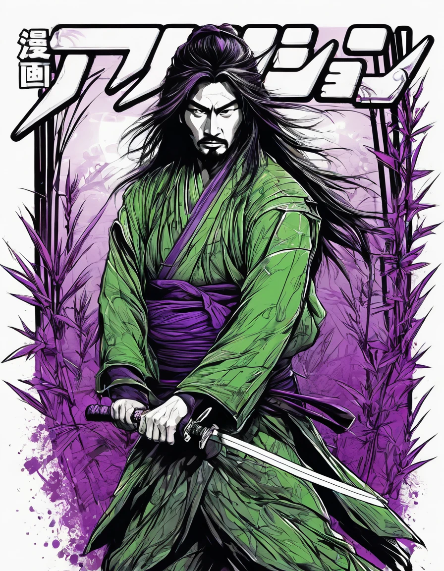 creative logo illustration black and white drawing of a long hair samurai holding a sword surrounded by green bamboo and purple ravens, combined the black and white drawing with the vibrant digital colors by dan mumford, jean pierre mong, alex janvier, frank frazetta, sketch, bold outlines, high definition, intricat details, vibrant colors, negative space, tshirts design