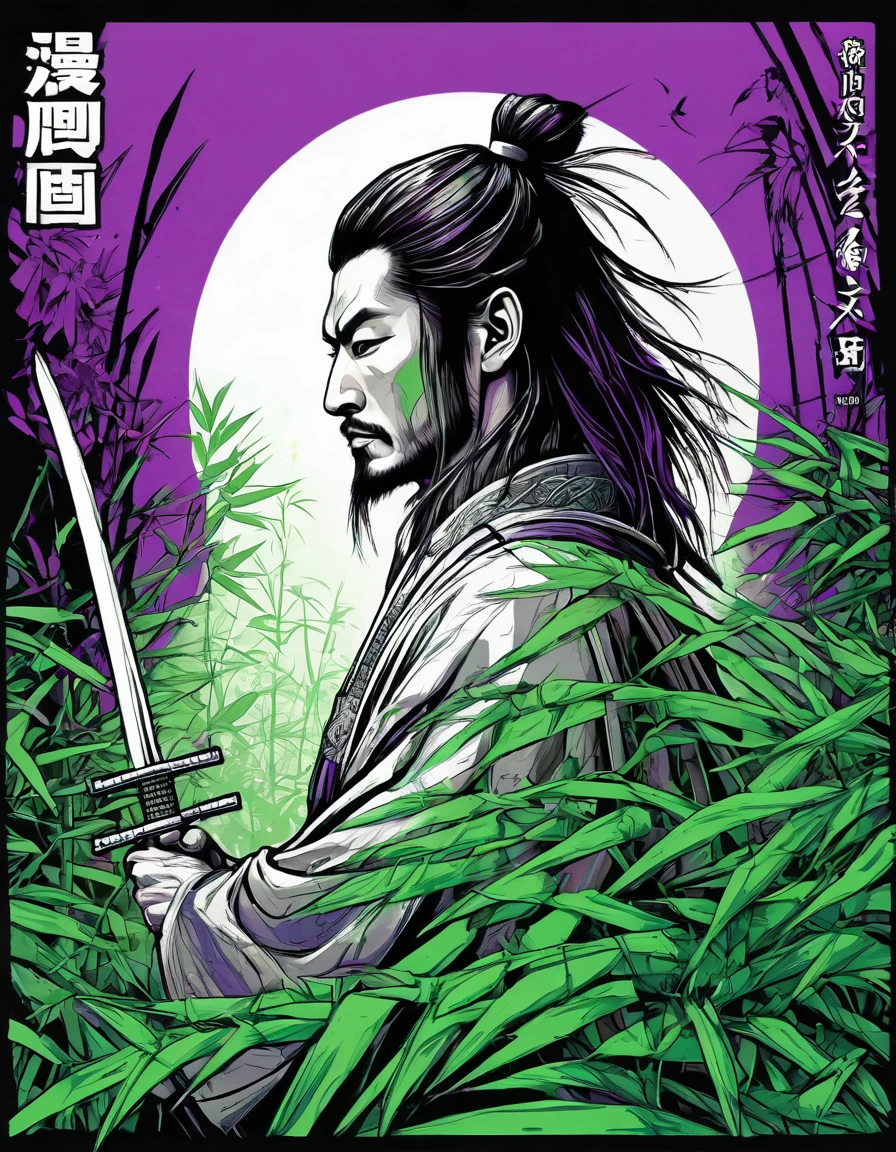 creative logo illustration black and white drawing of a long hair samurai holding a sword surrounded by green bamboo and purple ravens, combined the black and white drawing with the vibrant digital colors by dan mumford, jean pierre mong, alex janvier, frank frazetta, sketch, bold outlines, high definition, intricat details, vibrant colors, negative space, tshirts design