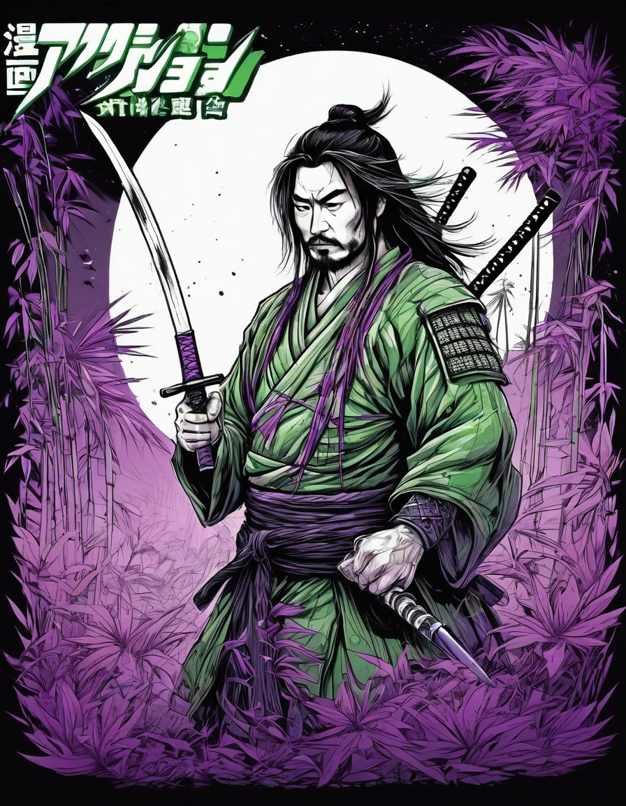 creative logo illustration black and white drawing of a long hair samurai holding a sword surrounded by green bamboo and purple ravens, combined the black and white drawing with the vibrant digital colors by dan mumford, jean pierre mong, alex janvier, frank frazetta, sketch, bold outlines, high definition, intricat details, vibrant colors, negative space, tshirts design