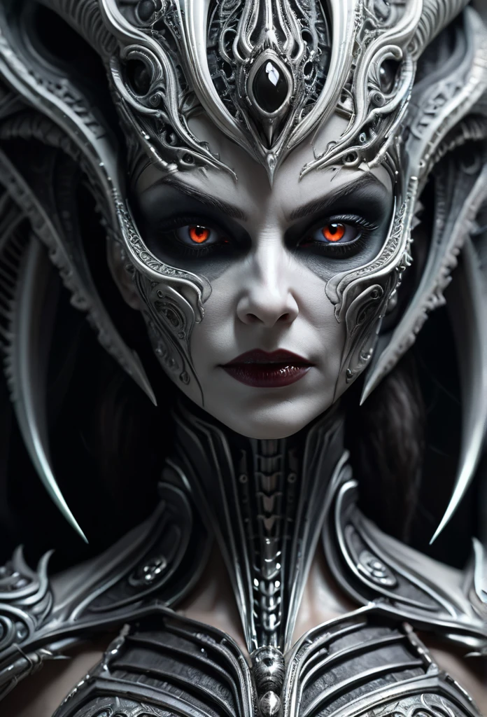 Female superior ancient Strigoi vampire, horror, dreamlike,white eyes, (Artstation:1.1), (intricate:1.1), (great eye detail:0.7), solo, female, looking at viewer, photorealistic, 8k, unreal engine, inspired by HR Giger, half body portrait, highly detailed,