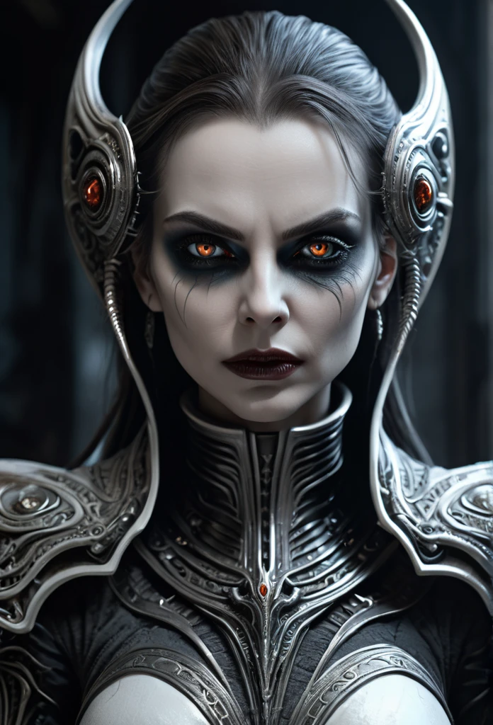Female superior ancient Strigoi vampire, horror, dreamlike,white eyes, (Artstation:1.1), (intricate:1.1), (great eye detail:0.7), solo, female, looking at viewer, photorealistic, 8k, unreal engine, inspired by HR Giger, half body portrait, highly detailed,
