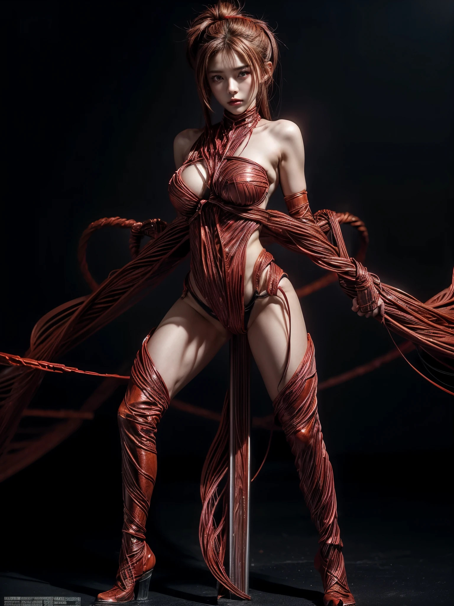 Face: Art style, Anime style color: Predominantly red with black and white contrasts, Eye color: bright crimson red, with luminous reflections. Hair color Black with red highlights, Hairstyle: Long with twintails, adorned with the traditional red and gold hair ornament, (crazy expression), (((kitsune mask))), muscular legs, long legs, (in the pool at night ), (((full body view))), red nails, red nails, manicured nails, (((wearing a beautiful short and sexy bikini))) , NSFW, hdr, {Standing}, (((view full body))), wearing red high-heeled shoes