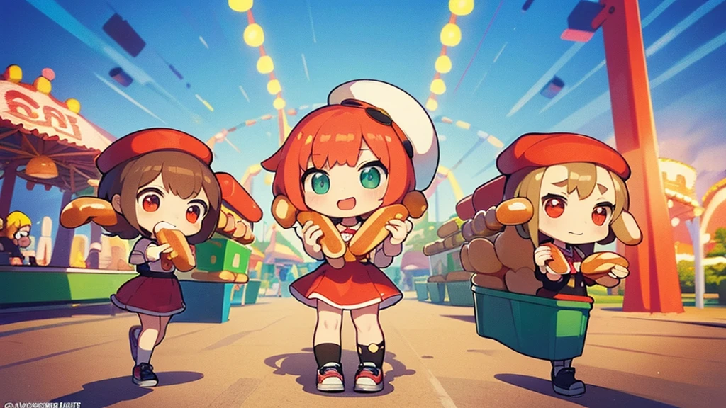 ((masterpiece)), (best quality), official art, unity 8k wallpaper, very cute, ((chibi)), full body, (((six people are eating hot dogs in a amusement park))), eating hot dogs,everyone,dinner food,((amusement park background)),