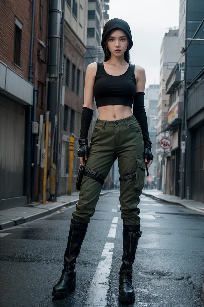 Create a digital artwork of a young beautiful woman in a post-apocalyptic urban setting. She has long, black hair and striking green eyes. Her skin tone is pale white. She wears a modern, tactical outfit with a black hood over her head, a black top, and cargo pants. She is equipped with multiple weapons, including a katana strapped to her back. Her attire includes practical boots, and she has a rugged, adventurous look. The background shows a desolate city street with debris and abandoned buildings, enhancing the dystopian atmosphere. Her expression is determined, hinting at her readiness to face any challenges in this harsh, new world. Make it realistic in 8k quality