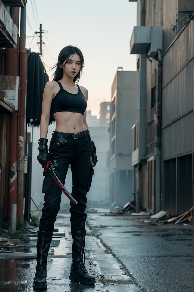 Create a digital artwork of a young beautiful woman in a post-apocalyptic urban setting. She has long, black hair and striking green eyes. Her skin tone is pale white. She wears a modern, tactical outfit with a black hood over her head, a black top, and cargo pants. She is equipped with multiple weapons, including a katana strapped to her back. Her attire includes practical boots, and she has a rugged, adventurous look. The background shows a desolate city street with debris and abandoned buildings, enhancing the dystopian atmosphere. Her expression is determined, hinting at her readiness to face any challenges in this harsh, new world. Make it realistic in 8k quality