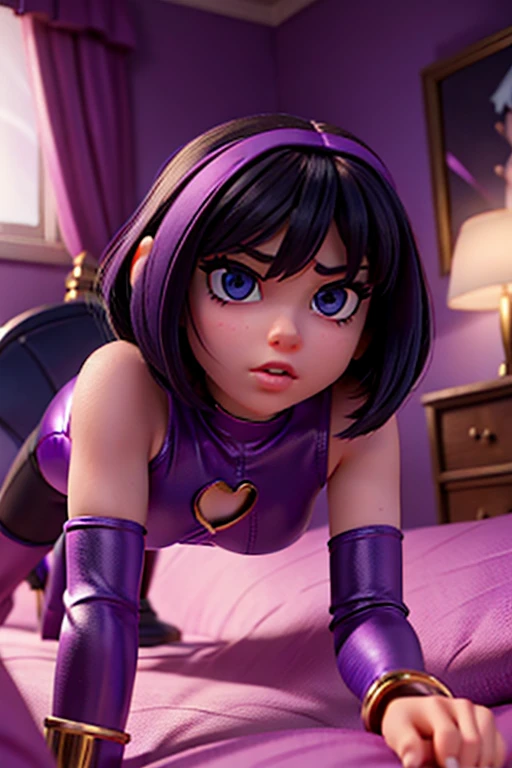A age girl in a dark purple leotard, beautiful detailed eyes, long eyelashes, gorgeous lips, lying on a bed in a bedroom setting, accompanied by another teengirl in a similar outfit, Teen TitGo art style, cinematic lighting, hyper detailed, 8k, photorealistic, intricate details, moody atmosphere, dramatic shadows, dynamic sex positions, ah ah ah, on all fours, intimate, sensual
