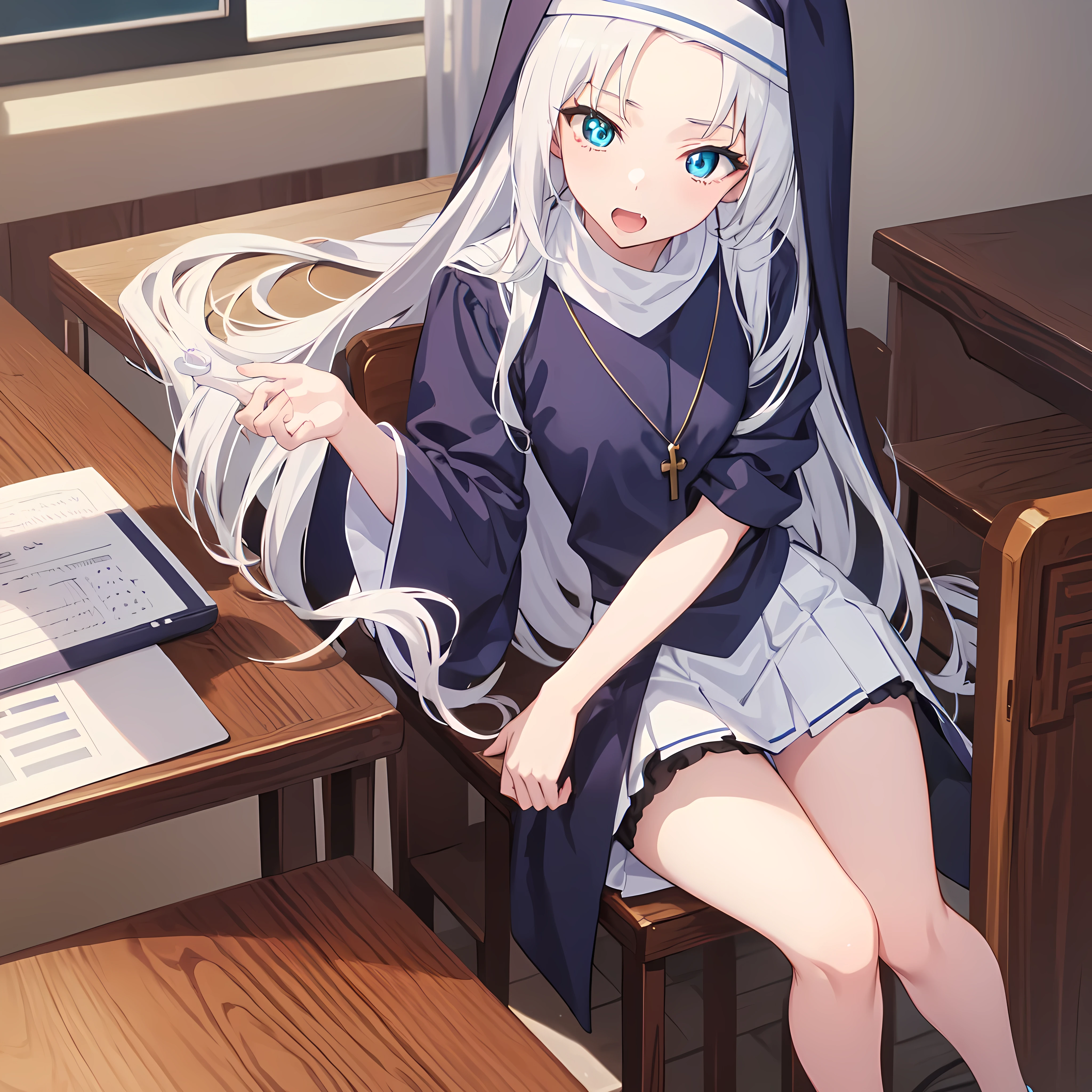 mariatakayama, maria takayama, long hair, blue eyes, fang, aqua eyes,
BREAK jewelry, heart, necklace, nun, habit, white short skirt, mid thigh stockings
BREAK indoors, classroom, seated on desk
BREAK (masterpiece:1.2), best quality, high resolution, unity 8k wallpaper, (illustration:0.8), (beautiful detailed eyes:1.6), extremely detailed face, perfect lighting, extremely detailed CG, (perfect hands, perfect anatomy),