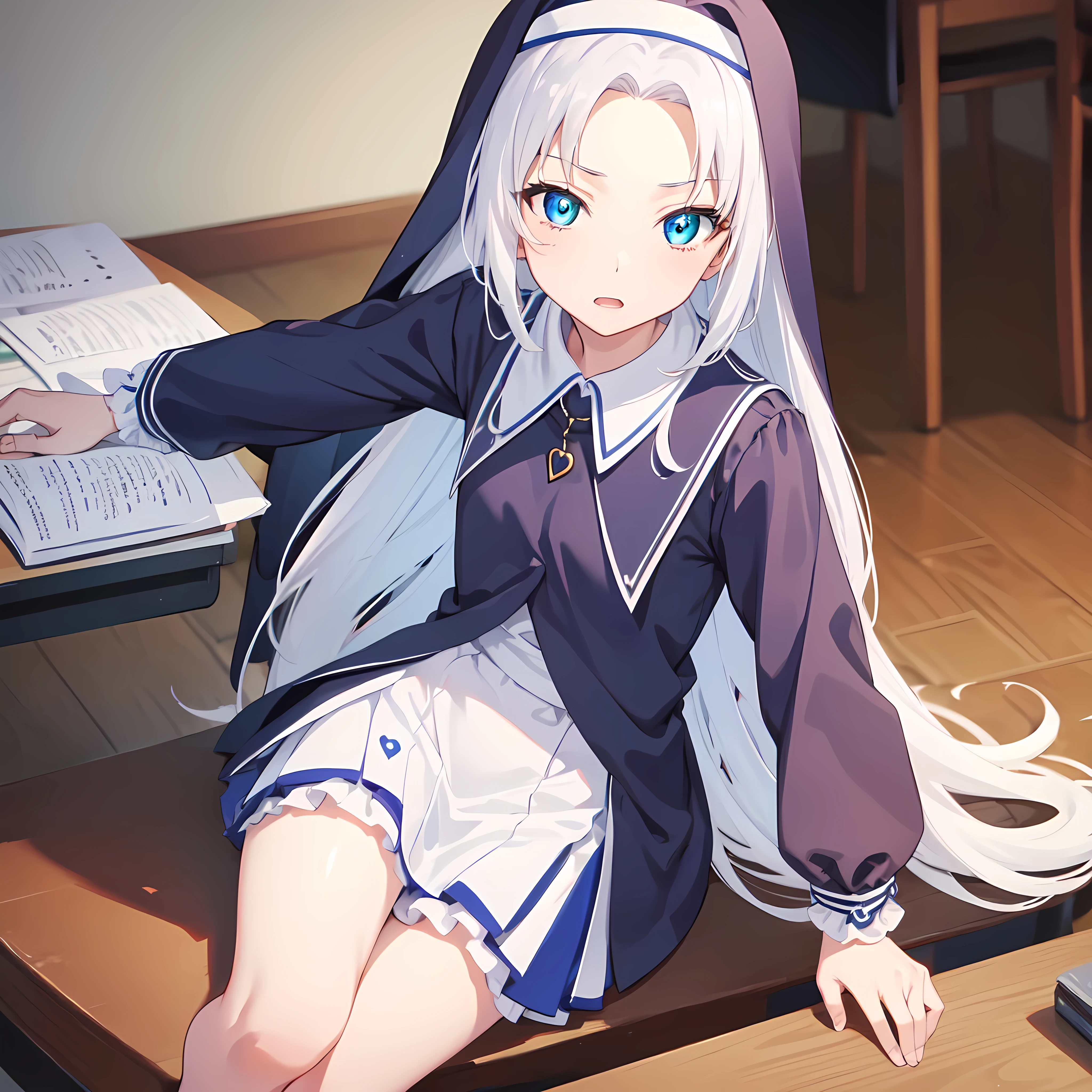 mariatakayama, maria takayama, long hair, blue eyes, fang, aqua eyes,
BREAK jewelry, heart, necklace, nun, habit, white short skirt, mid thigh stockings
BREAK indoors, classroom, seated on desk
BREAK (masterpiece:1.2), best quality, high resolution, unity 8k wallpaper, (illustration:0.8), (beautiful detailed eyes:1.6), extremely detailed face, perfect lighting, extremely detailed CG, (perfect hands, perfect anatomy),