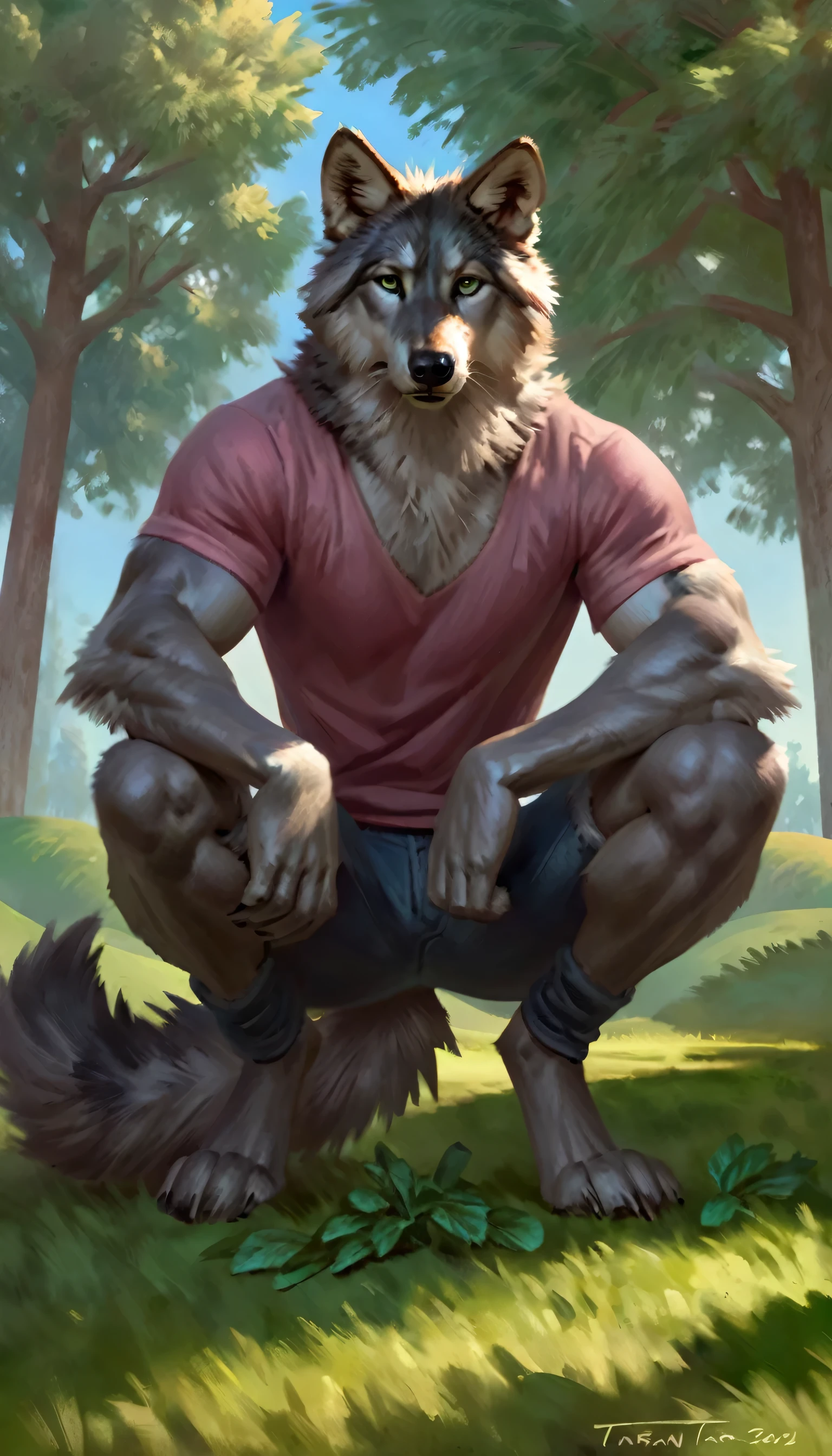 Male gray wolf den, wolf tail, alone, arrogant expression, masterpiece, Best Art, whole body, by violinist taran, detailed eyes, detailed body, claws, high, top-less, Pecs, ABS, squatting posture, jeans and pink t-shirt, sunny background in a park, green food, blue sky