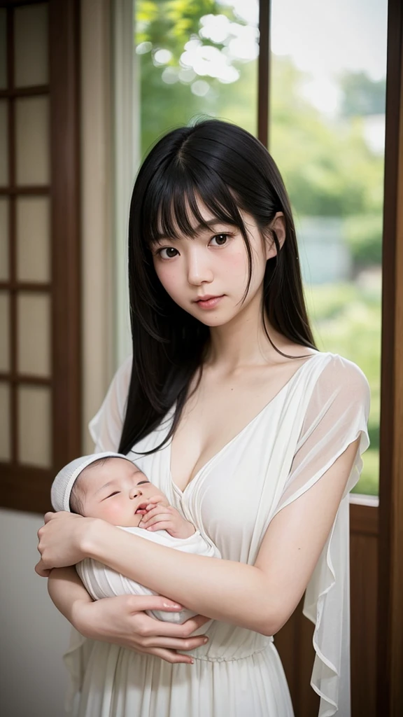 A young japanese woman with long black hair, holding a baby in your arms with tenderness and care. She wears a delicate dress and looks gently at the baby, that's nestled comfortably against your chest. The baby, Clearly visible, is dressed in a white outfit, resting peacefully in your arms. The scene captures the harmony between the two, highlighting the delicacy and affection in the moment, without any detail looking out of place or strange.