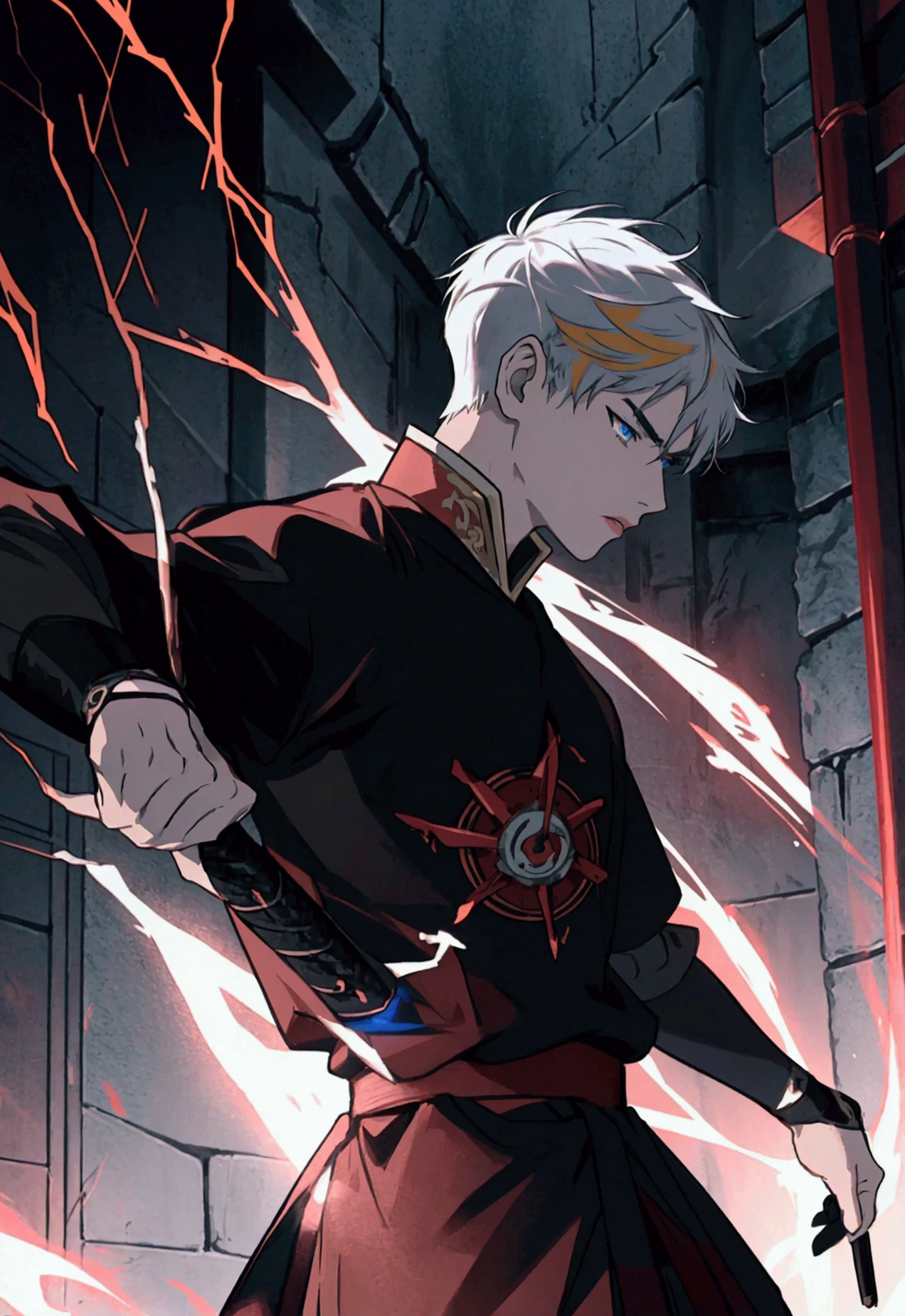 1 young man, alone, looking at his enemy,  soft lighting,  crimson electrical currents on body, 15 year old man, blue eyes, tattoo below the eyes, golden hair, short hair with samurai cut, boyish, black clothes, scene of rage and sadness, best angle, thoughtful, {beautiful detailed eyes}, {detailed light}, {illustration}, {better lighting}, conceptual art, best fight scene, monk t-shirt, black and white, rays of color crimson, lightning all over the body