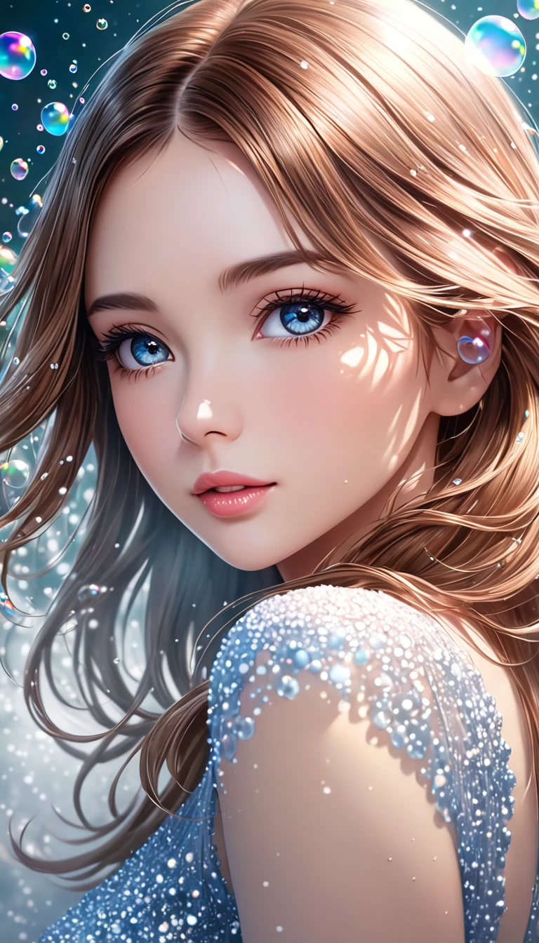 beautiful woman, portrait, shading effects, gradation magic effects, glitter effects, soap bubbles effects, foggy filter effect, (ultra detailed, absolutely resolution, best quality:1.3), 2.5D, delicate and dynamic, artistic photography, hyper realistic, graphic CG digital art