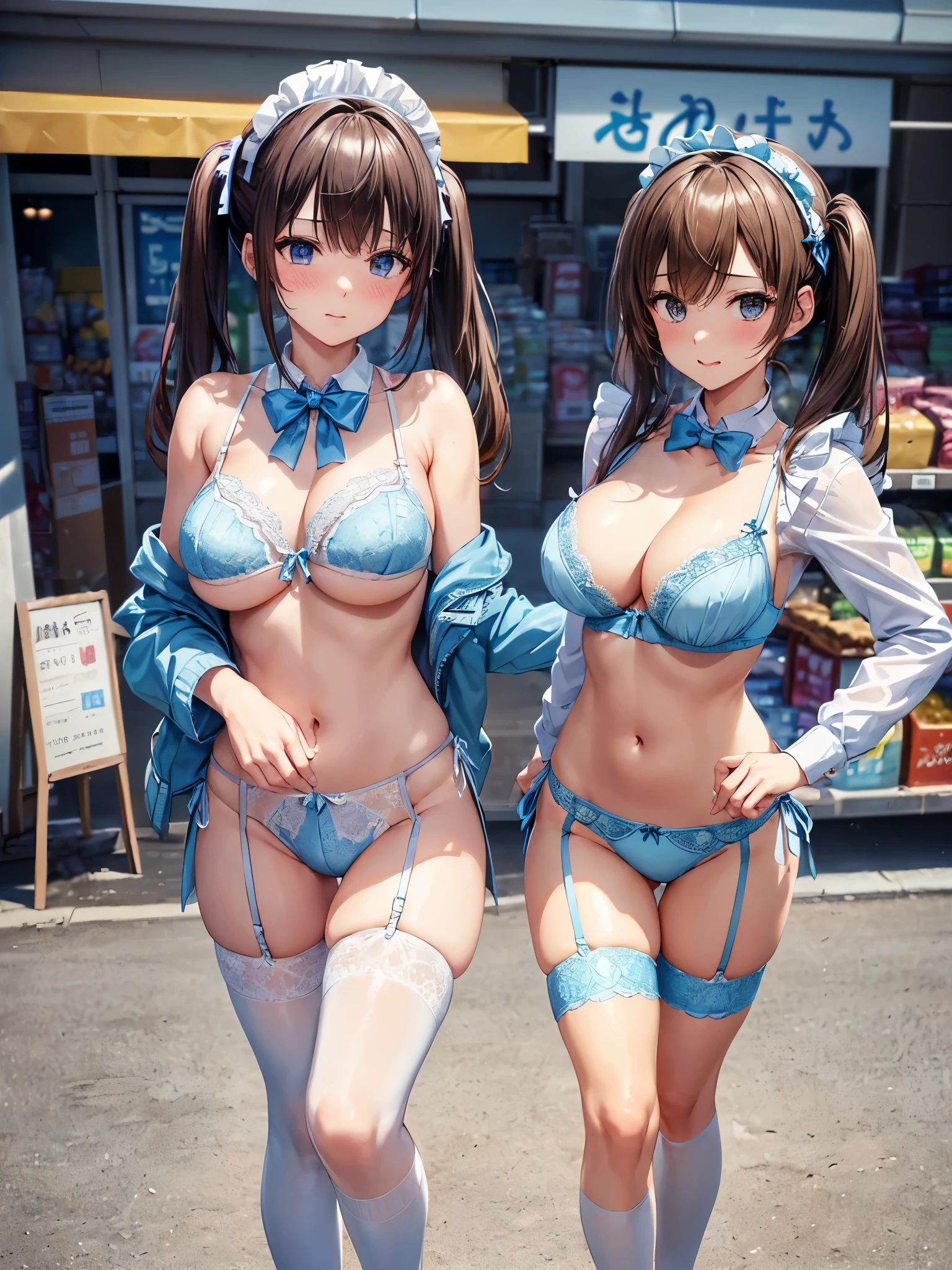 (((masterpiece, Highest quality, High resolution, 超High resolution, Perfect Pixel, Depth of written boundary, 4K, RTTX 10.0))), Beautiful Anime Woman, Beautiful art style, Anime characters, ((Smooth texture, Realistic texture, Anime CG Style)), Perfect and accurate finger count、Exact number of legs、(Exact number of arms:1.0, Exact number of hands:1.0), (Perfect hands, Perfect Anatomy), Cinematic, Realistic, Extremely detailed CG, Daytime lighting, Perfect lighting, Best Shadow, The best natural light, whole body, Perfect body, バランのとれたPerfect body, Perfectly balanced style, Soft body, Slender body, ((bangs, Dark brown hair, Twin tails, High Up)), ((A cute adult woman is walking towards me:1.8)), ((Bow tie around neck:1.3), (Sexy and cute light blue underwear:1.3), (Stylish shiny light blue satin panties, Side-tie light blue panties, The panties are plain light blue in the center with lace decoration on the sides., Light purple panties:1.4), (Light blue micro lace satin bra, Purple and light blue bra with large lace trim on the edges, Light blue bra that looks like it will spill out your nipples, Thin bra:1.4), (lace garter belt, Garter Strings, Knee socks:1.3):1.3), (Beautiful big boobs:1.1), (Embarrassed expression:1.7), blush, (supermarket, Merchandise Shed, aisle, Many visitors in the background, Inside the crowded store:1.7), naked, In underwear, ブラとパンティとガーターベルトとKnee socksのみ, (Frilly maid headband:1.1), Angle from the front