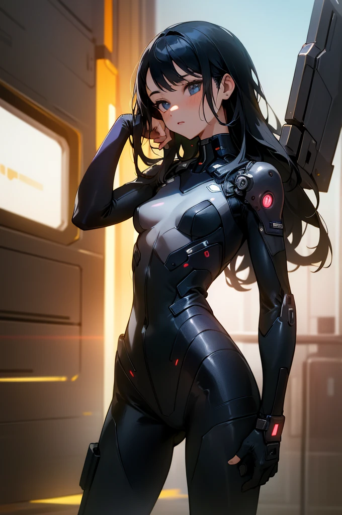 (1girl:1.4) beautiful, perfect eyes, perfect face, perfect lighting, 1girl, long black hair, (small breasts:1.5) medium hips, sci-fi bodysuit, neutral expression, absurdres, [perfect shadows and lighting] detailed background, incredible high-key lighting, rich colors, cyberpunk background, accurate, anatomically correct (masterpiece:1.3) ultra detailed illustration, (best quality:1.3), textured skin, high details, award winning, highres, UHD, UHD, UHD, UHD, UHD, award winning, highres